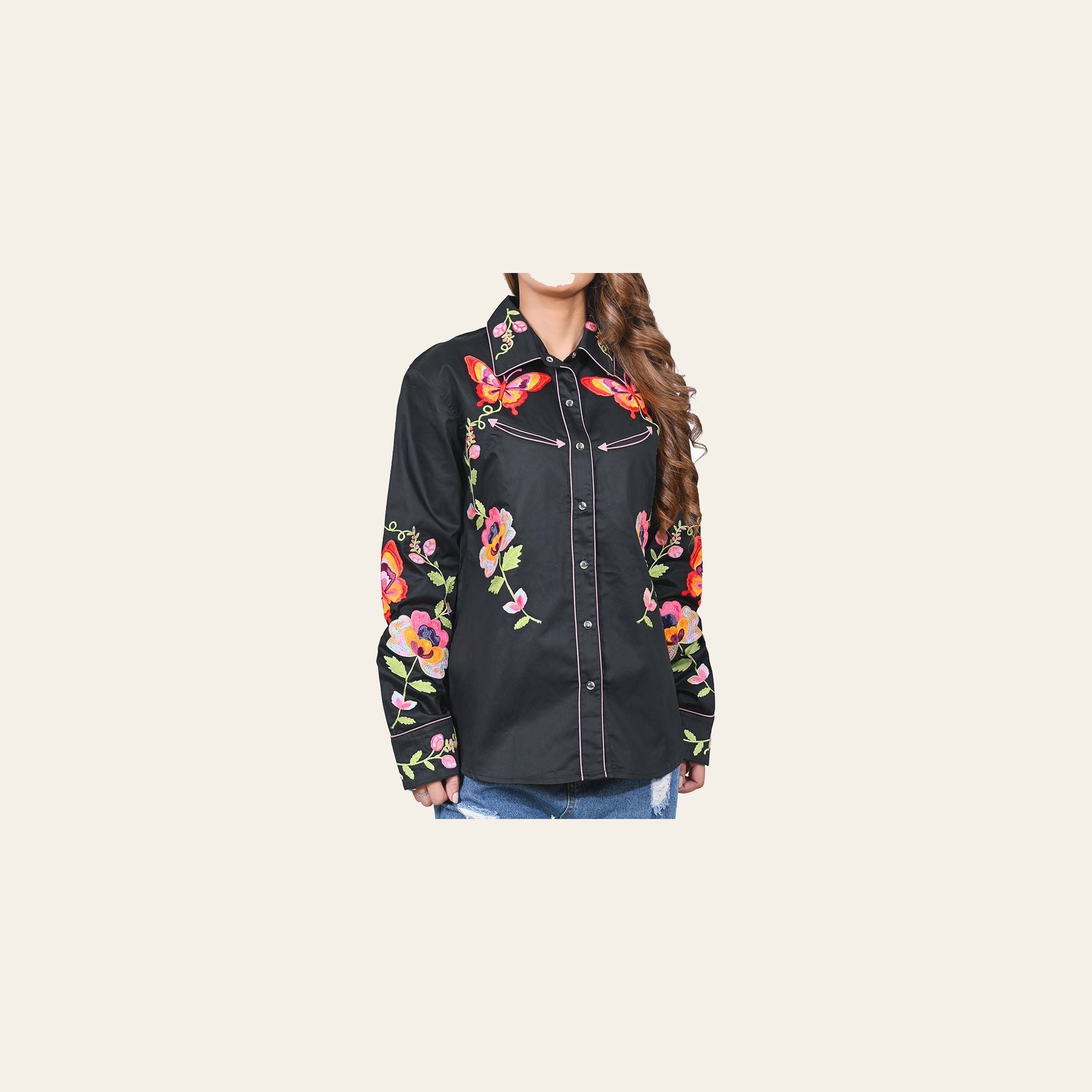 American Darling Western Apparel for Women Black Satin Cotton Shirt with Vibrant Floral & Butterfly Hand-Stitched Embroidery