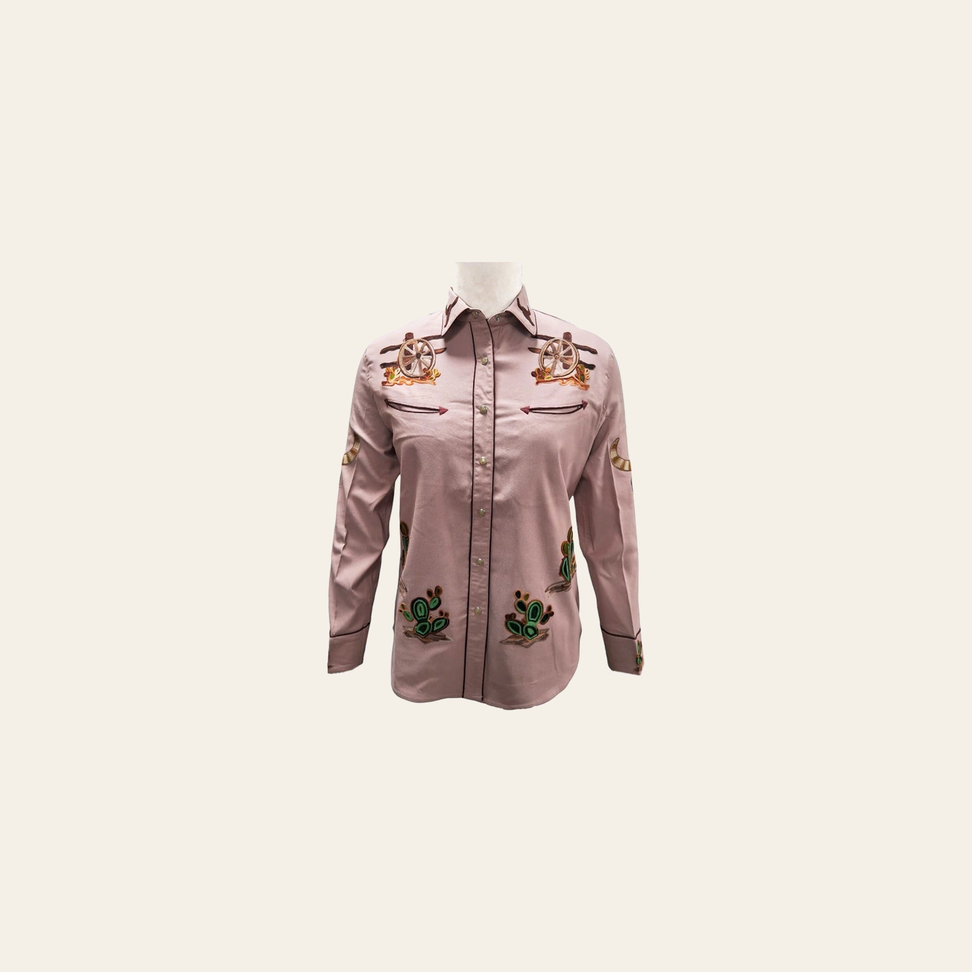 American Darling Western Apparel for Women Blush Pink Cotton Lycra Shirt with Hand-Stitched Cowboy Hat & Lasso Embroidery