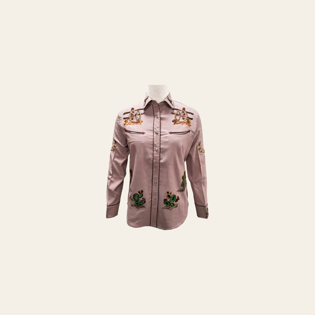 American Darling Western Apparel for Women Blush Pink Cotton Lycra Shirt with Hand-Stitched Cowboy Hat & Lasso Embroidery