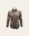 American Darling Western Apparel for Women Earth Brown Cotton Twill Shirt with Hand-Stitched Bucking Horse & Wagon Embroidery