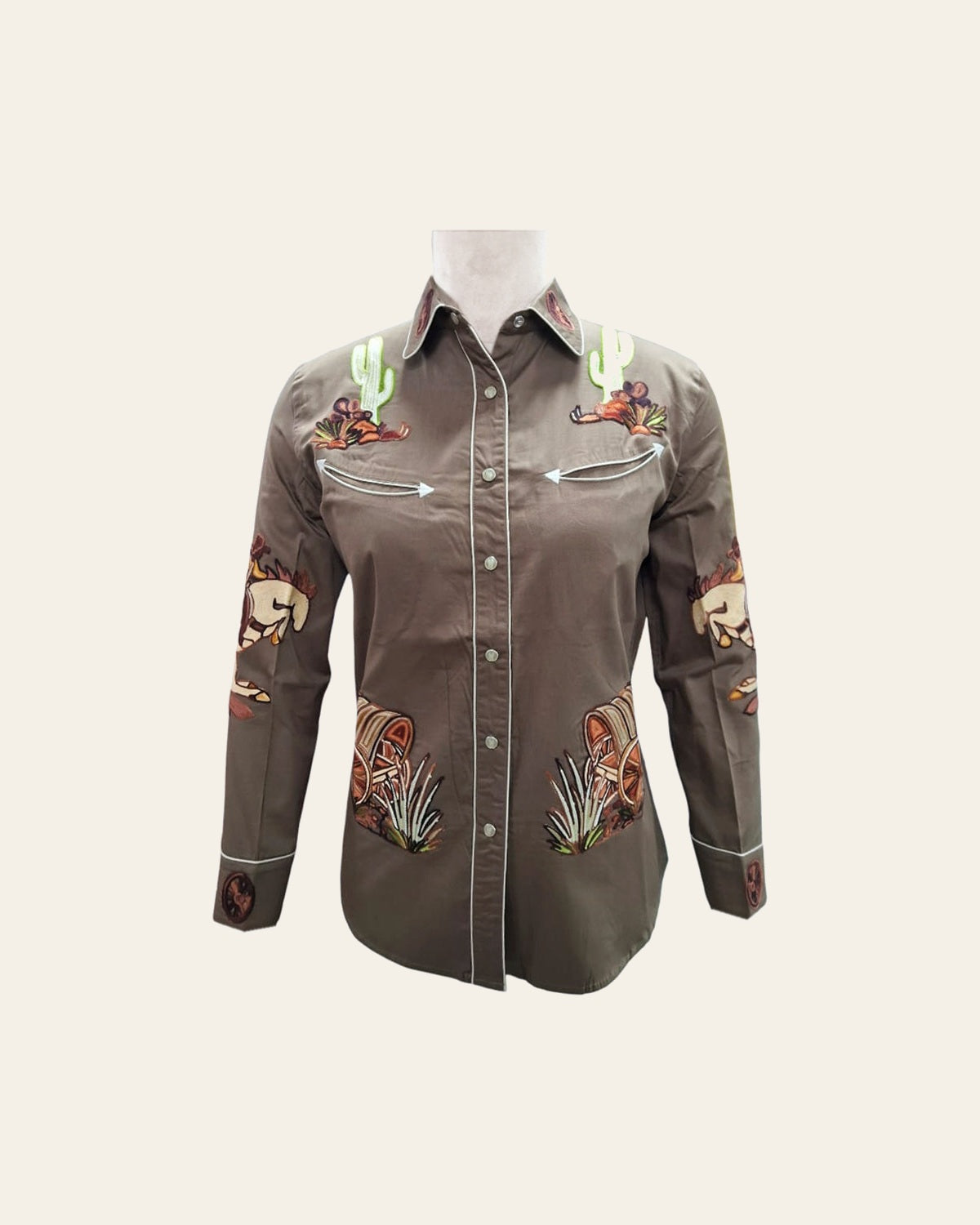 American Darling Western Apparel for Women Earth Brown Cotton Twill Shirt with Hand-Stitched Bucking Horse & Wagon Embroidery