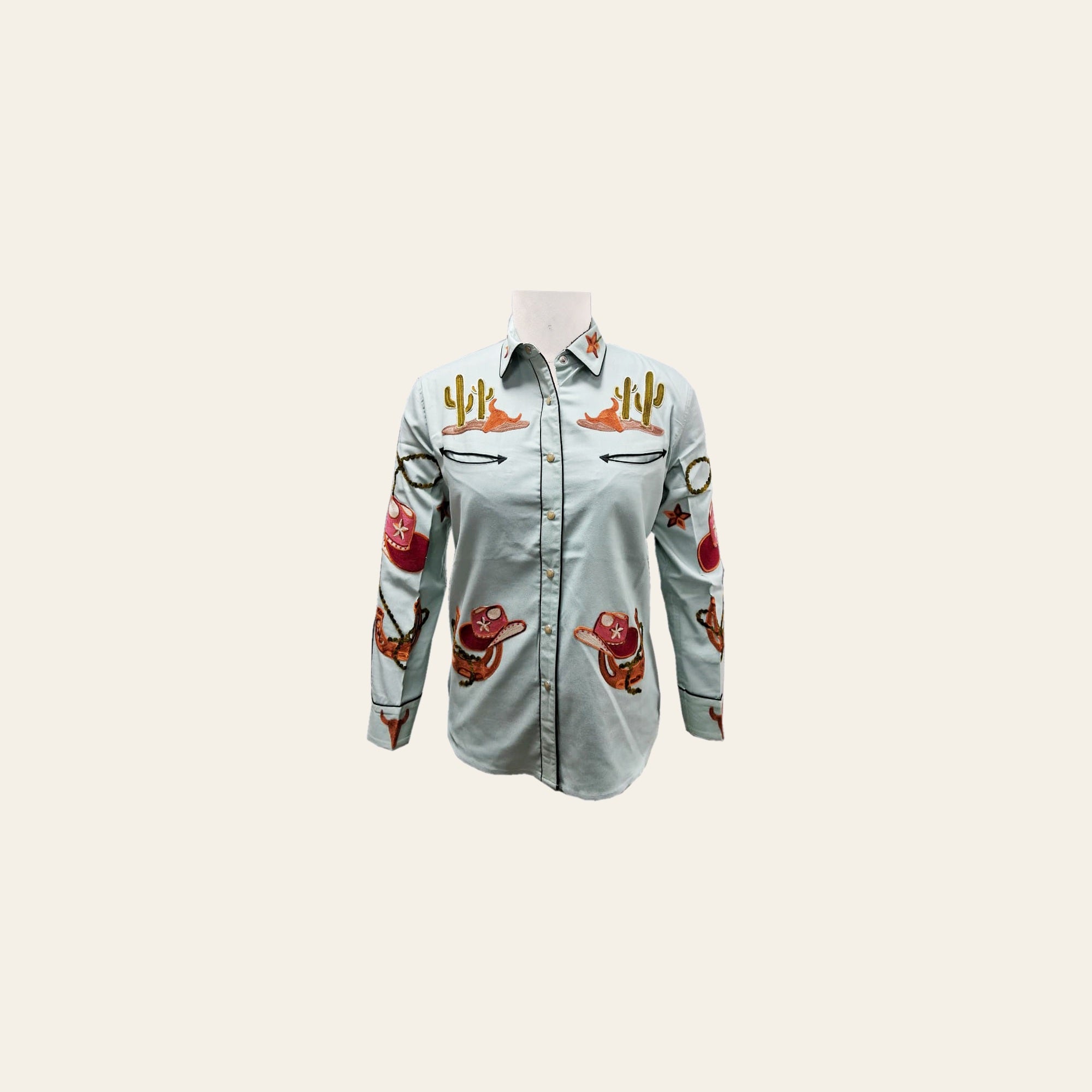 American Darling Western Apparel for Women Green Cotton Lycra Shirt with Hand-Stitched Cowboy Hat and Cactus Embroidery