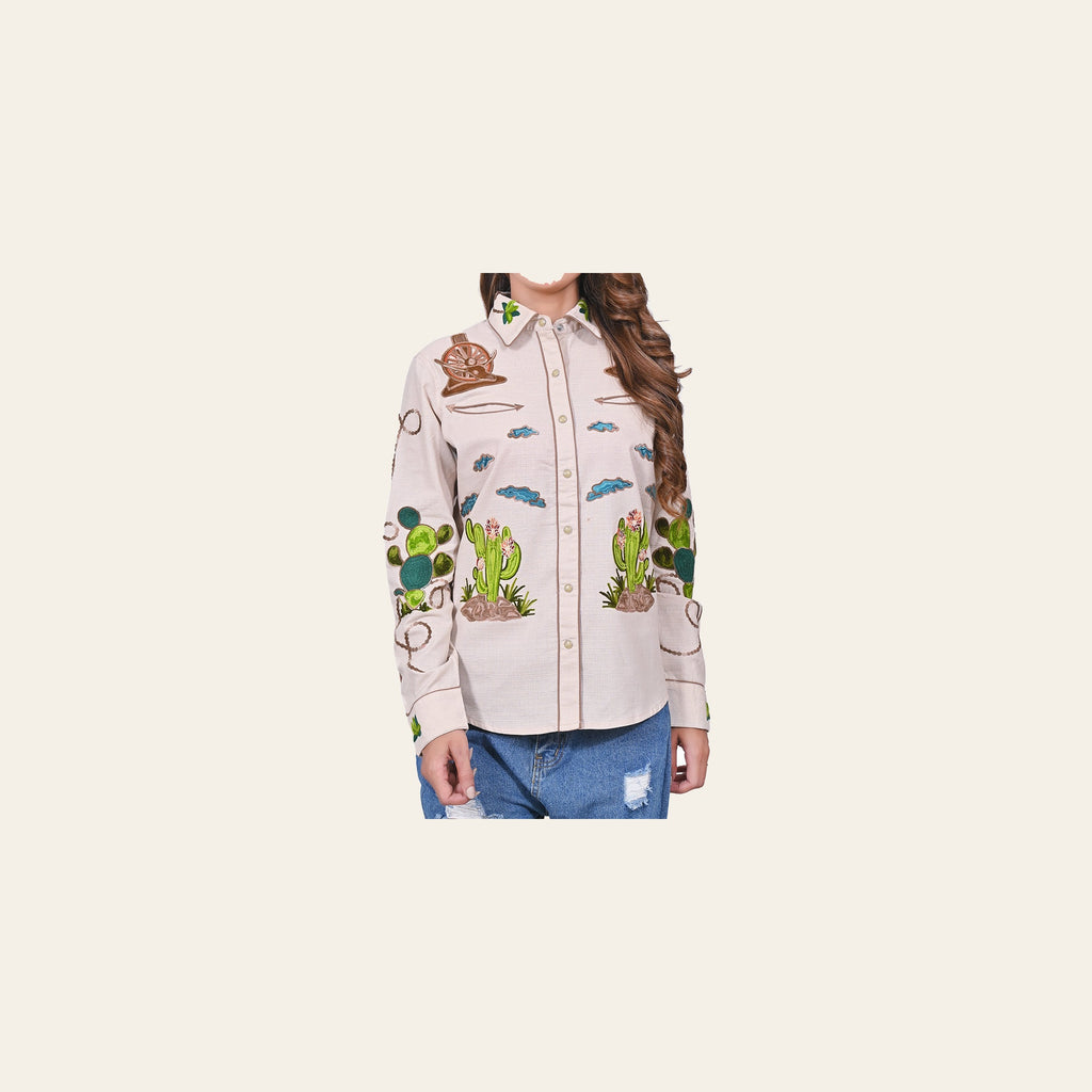American Darling Western Apparel for Women Light Beige Cotton Linen Shirt with Hand-Stitched Wagon Wheel & Cactus Embroidery