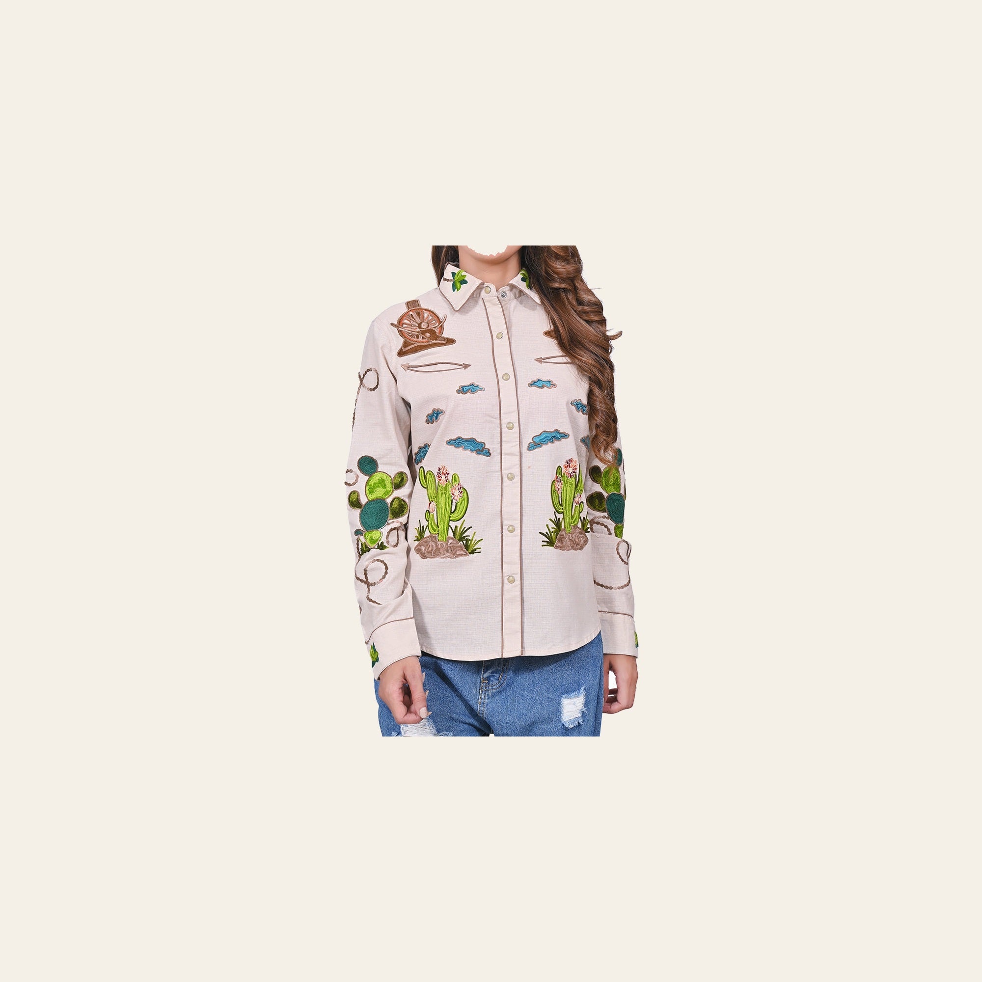 American Darling Western Apparel for Women Light Beige Cotton Linen Shirt with Hand-Stitched Wagon Wheel & Cactus Embroidery
