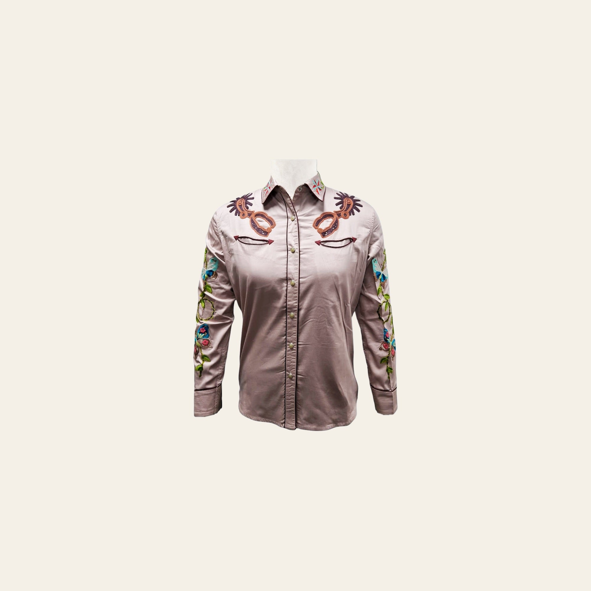 American Darling Western Apparel for Women Light Mauve Cotton Satin Shirt with Hand-Stitched Butterfly & Spur Embroidery
