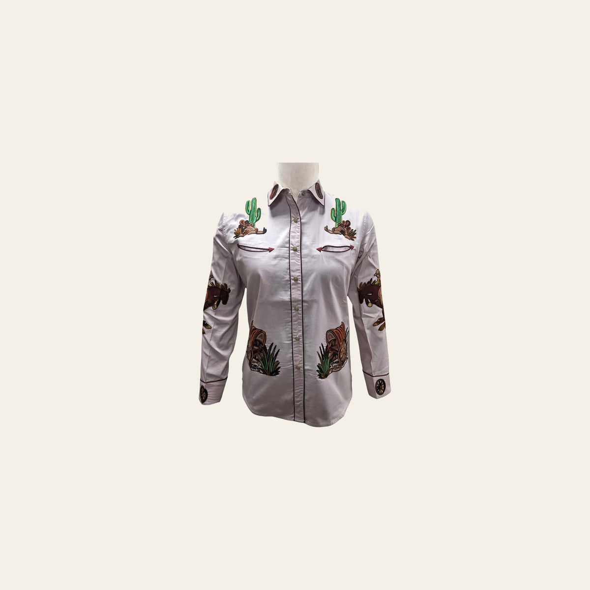 American Darling Western Apparel for Women White Cotton Twill Shirt with Hand-Stitched Bucking Horse & Wagon Embroidery