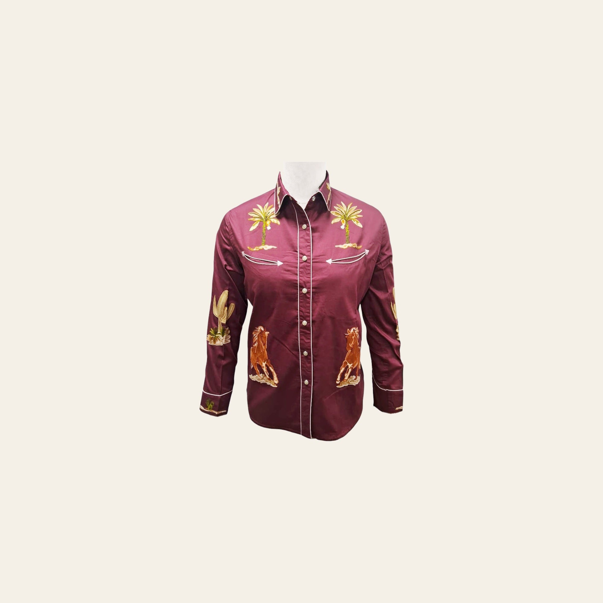 American Darling Western Apparel for Women Maroon Cotton Satin Shirt with Hand-Stitched Horse and Cactus Embroidery
