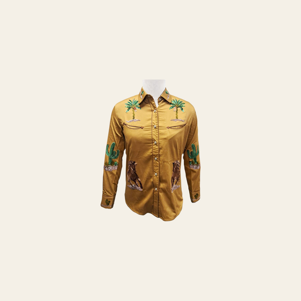 American Darling Western Apparel for Women Mustard Cotton Satin Shirt with Hand-Stitched Horse and Cactus Embroidery