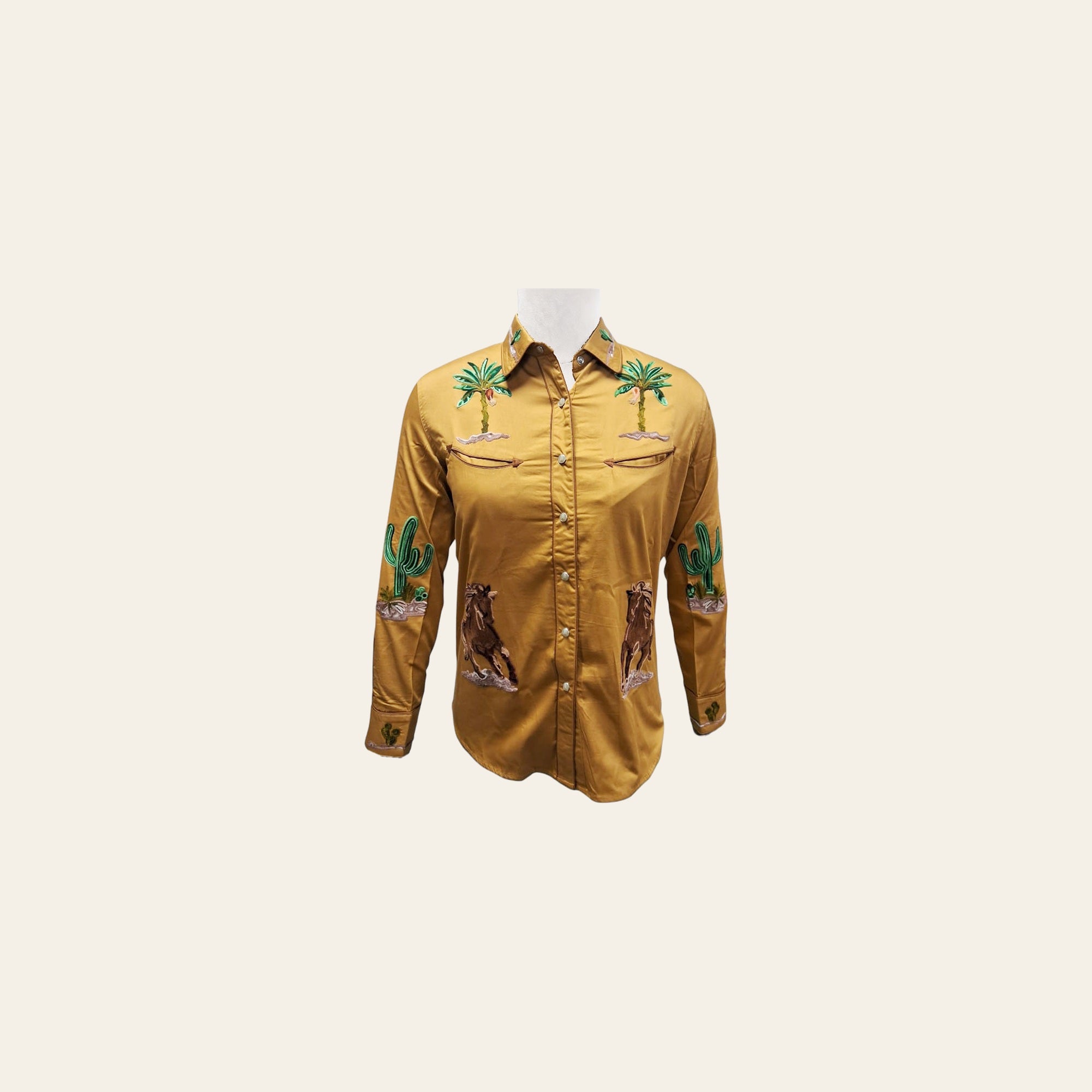 American Darling Western Apparel for Women Mustard Cotton Satin Shirt with Hand-Stitched Horse and Cactus Embroidery