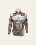 American Darling Western Apparel for Women Off White Cotton Twill Shirt with Hand-Stitched Cowboy Hat & Lasso Embroidery
