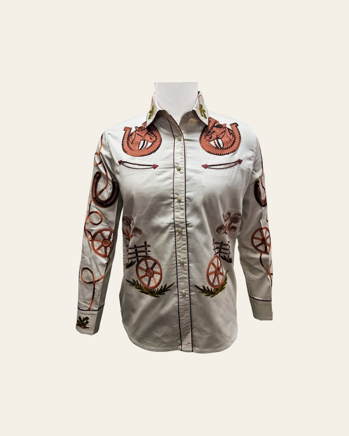 American Darling Western Apparel for Women Off White Cotton Twill Shirt with Hand-Stitched Cowboy Hat & Lasso Embroidery