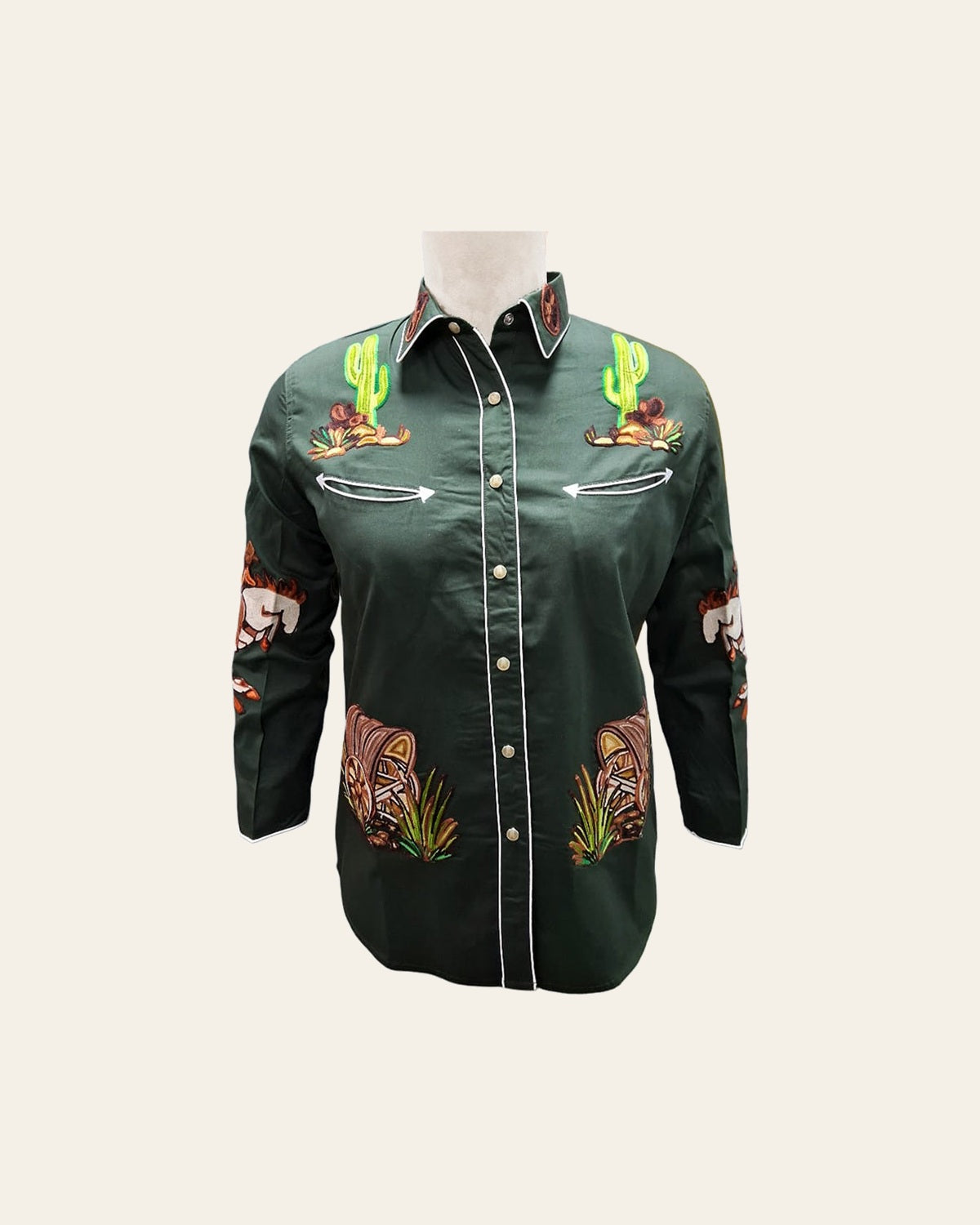 American Darling Western Apparel for Women Olive Green Cotton Twill Shirt with Hand-Stitched Bucking Horse & Wagon Embroidery
