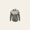 American Darling Western Apparel for Women Saga Green Cotton Satin Shirt with Hand-Stitched Butterfly & Spur Embroidery