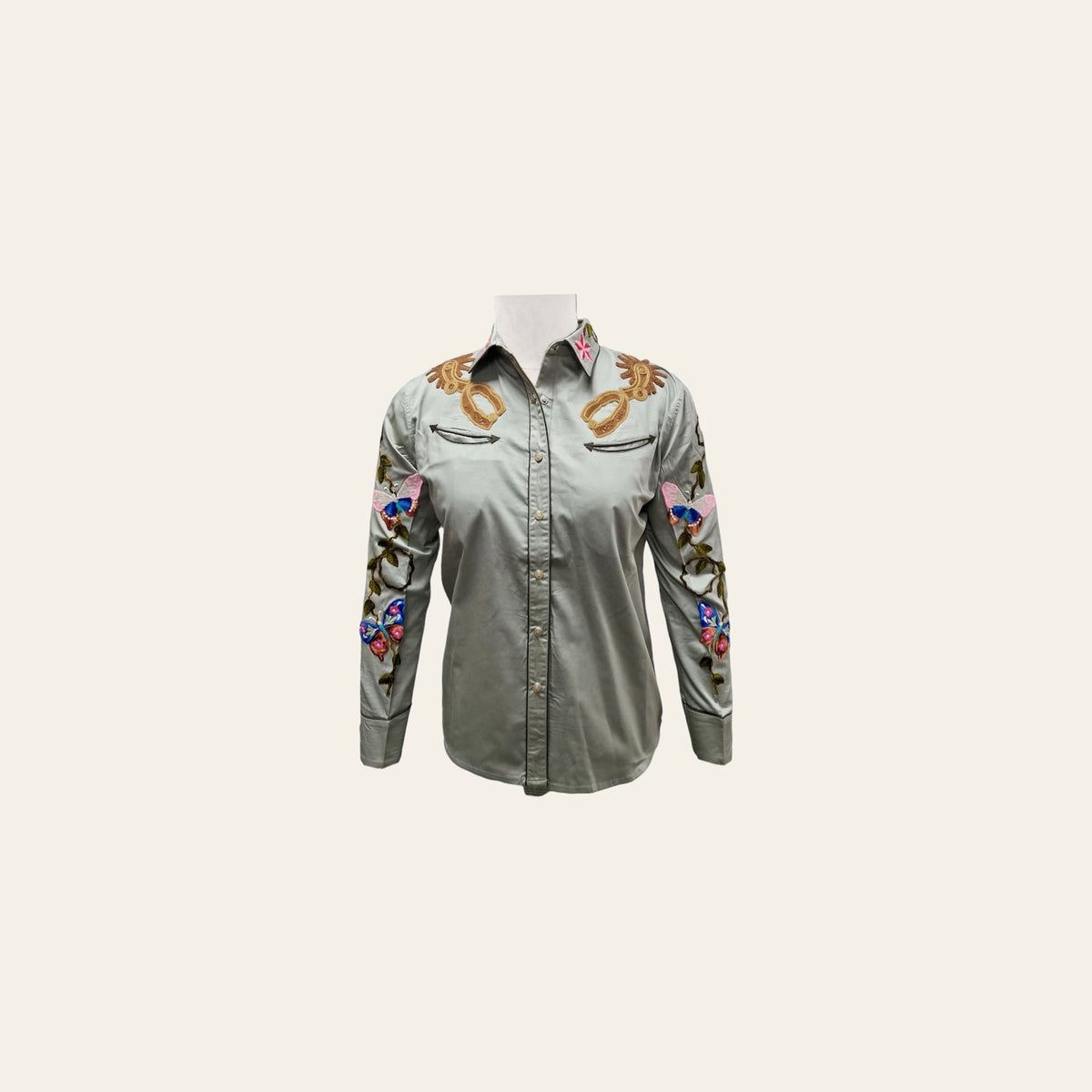 American Darling Western Apparel for Women Saga Green Cotton Satin Shirt with Hand-Stitched Butterfly & Spur Embroidery