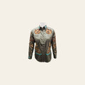 American Darling Western Apparel for Women Saga Green Cotton Twill Shirt with Hand-Stitched Horseshoe & Wagon Wheel Embroidery