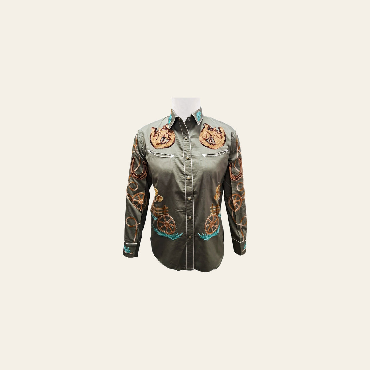 American Darling Western Apparel for Women Saga Green Cotton Twill Shirt with Hand-Stitched Horseshoe & Wagon Wheel Embroidery