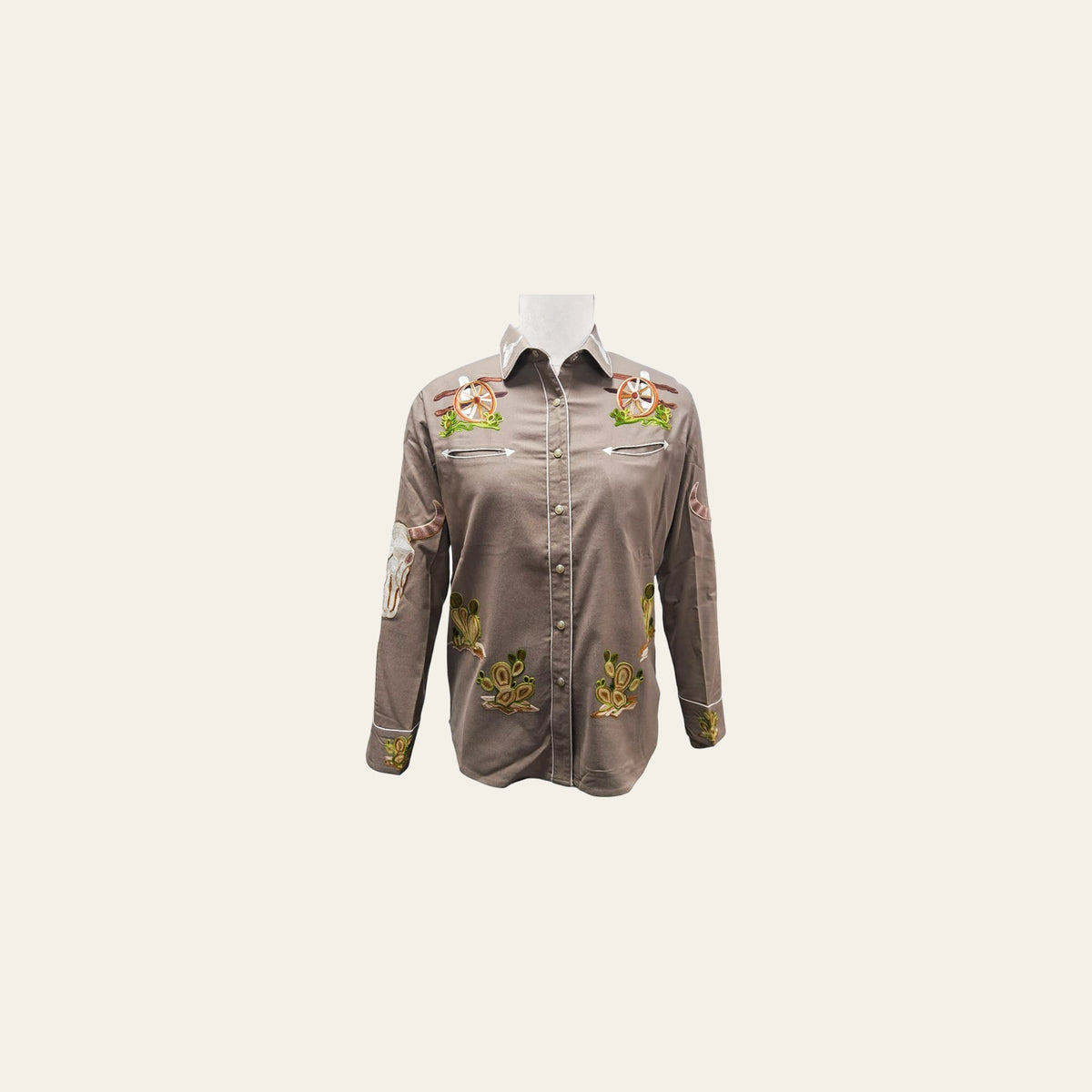American Darling Western Apparel for Women Taupe Cotton Lycra Shirt with Hand-Stitched Longhorn & Wagon Wheel Embroidery