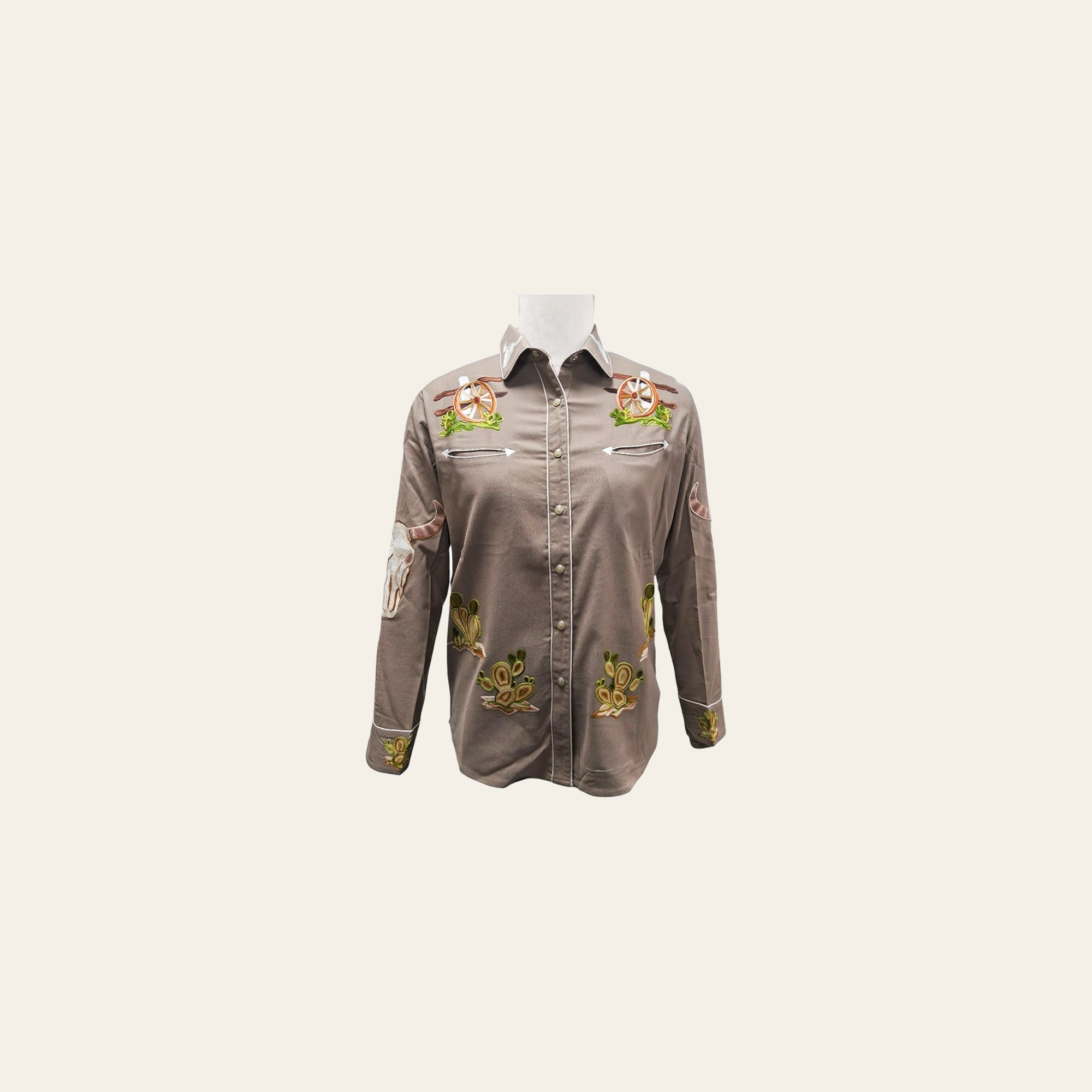 American Darling Western Apparel for Women Taupe Cotton Lycra Shirt with Hand-Stitched Longhorn & Wagon Wheel Embroidery
