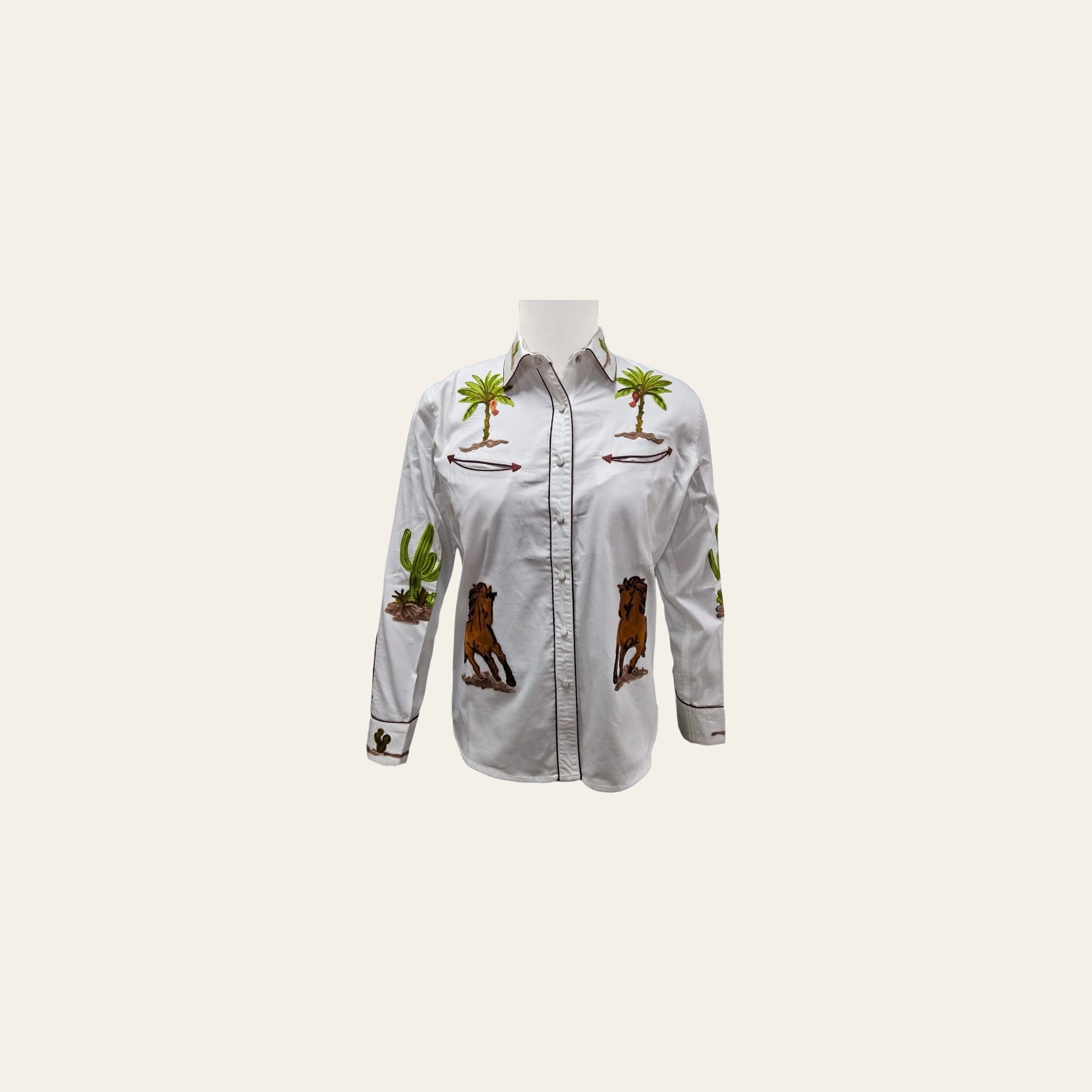 American Darling Western Apparel for Women White Cotton Satin Shirt with Hand-Stitched Horse and Cactus Embroidery