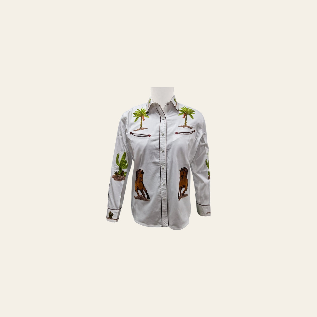 American Darling Western Apparel for Women White Cotton Satin Shirt with Hand-Stitched Horse and Cactus Embroidery
