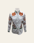 American Darling Western Apparel for Women White Cotton Twill Shirt with Hand-Stitched Horseshoe & Wagon Wheel Embroidery