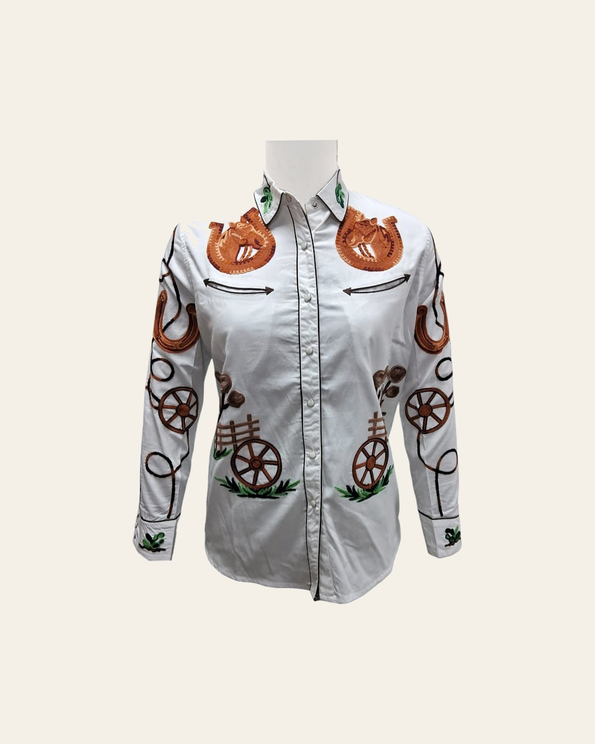 American Darling Western Apparel for Women White Cotton Twill Shirt with Hand-Stitched Horseshoe & Wagon Wheel Embroidery