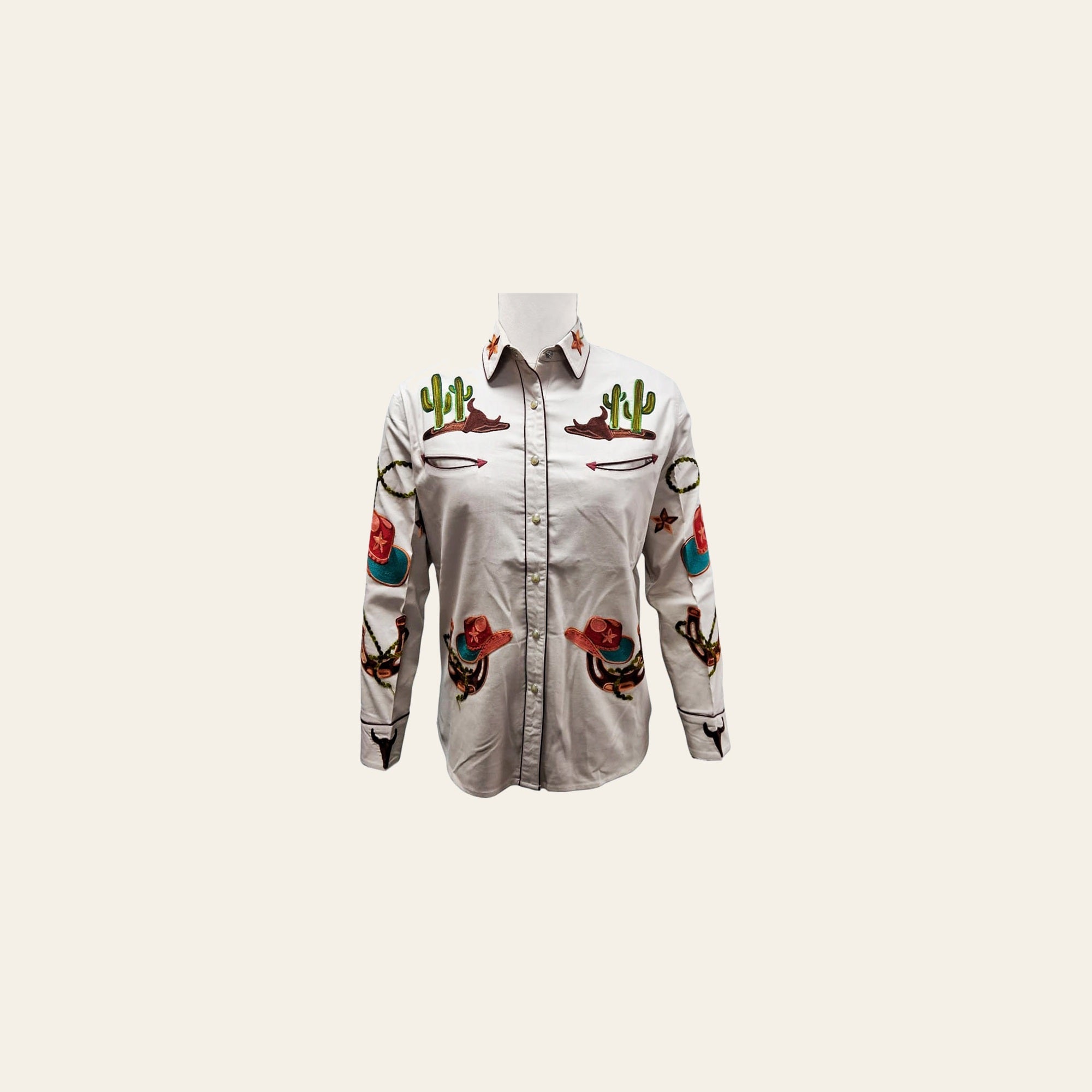 American Darling Western Apparel Shirt for Women Ivory White Cotton Lycra with Hand-Stitched Cowboy Hat and Cactus Embroidery