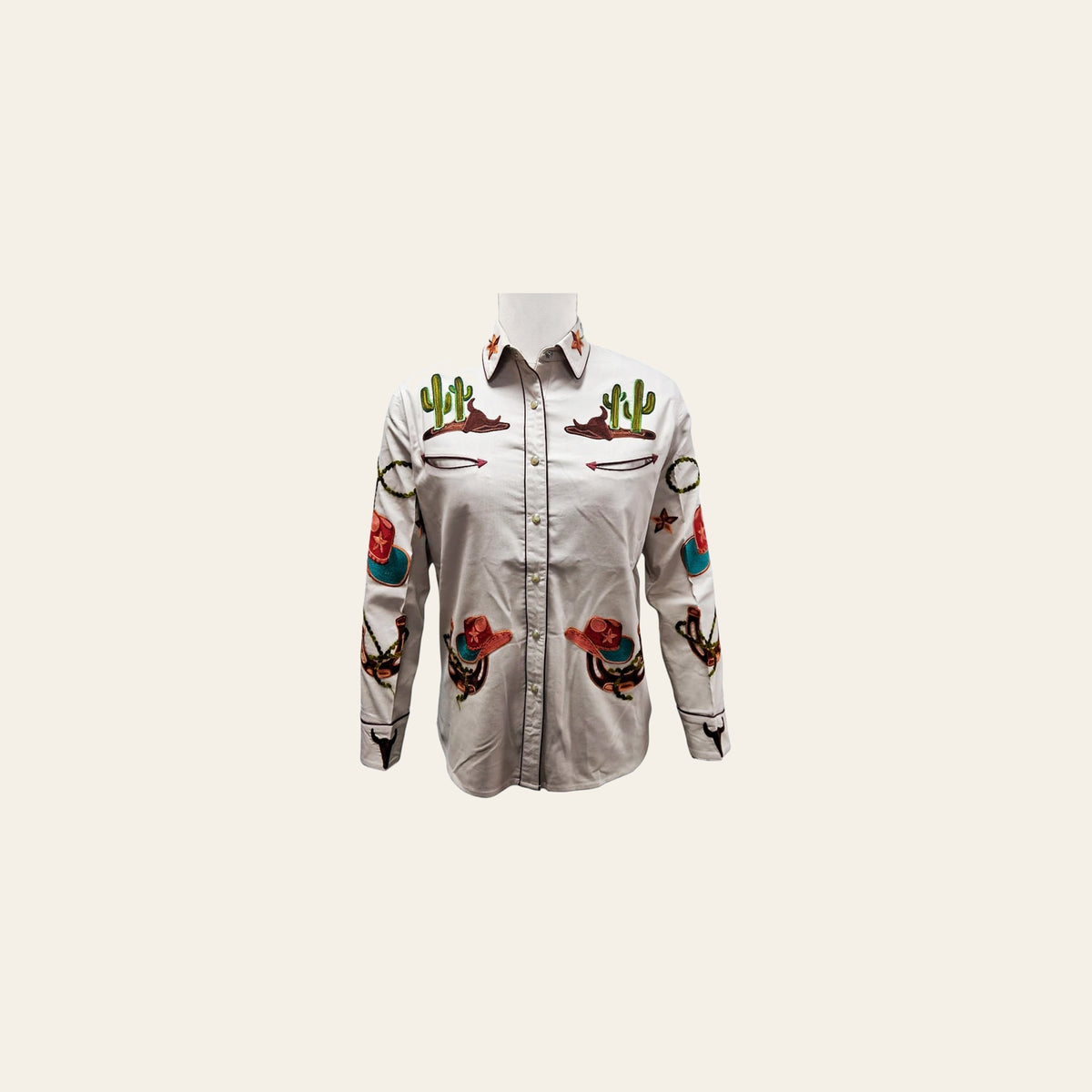 American Darling Western Apparel Shirt for Women Ivory White Cotton Lycra with Hand-Stitched Cowboy Hat and Cactus Embroidery