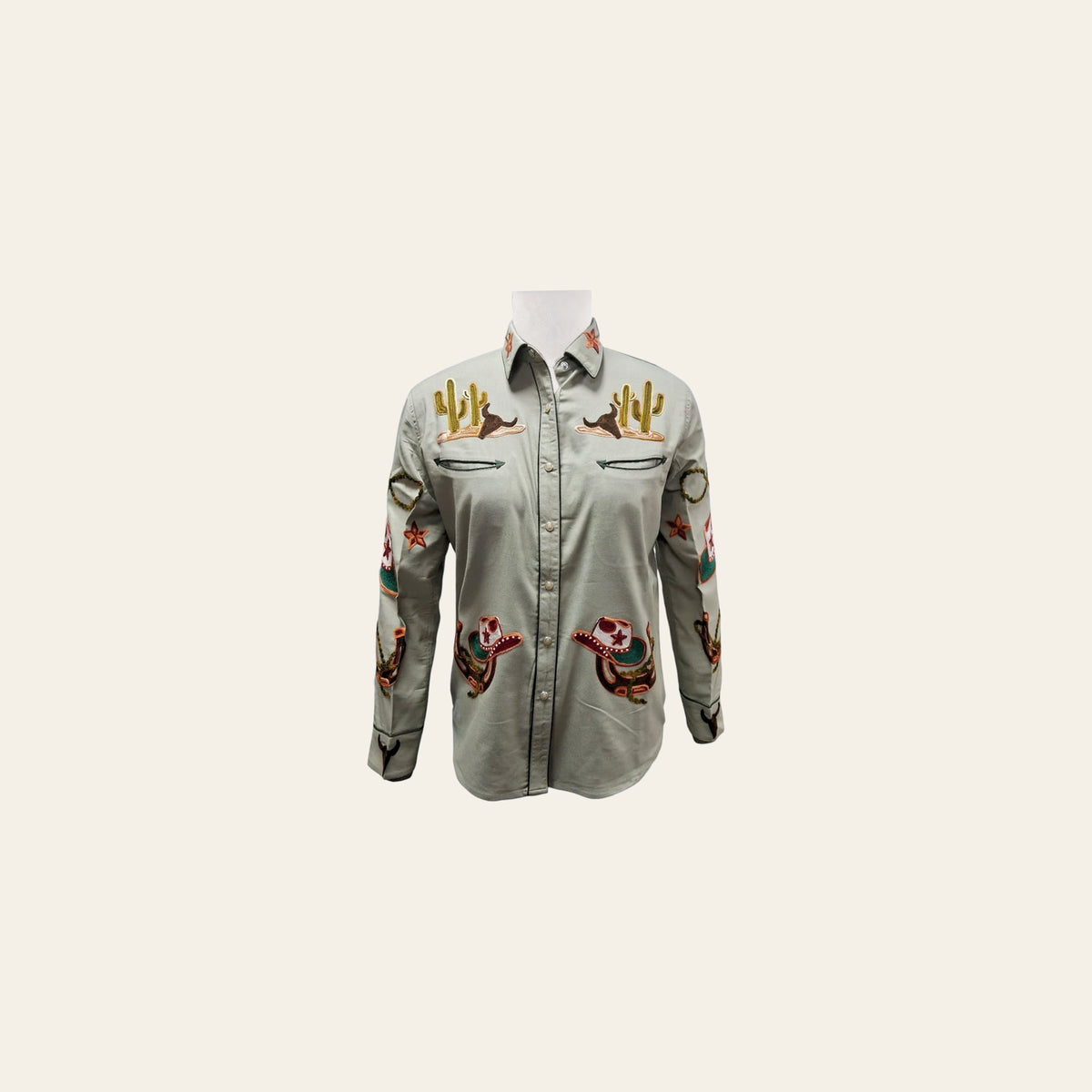 American Darling Western Apparel Shirt for Women Olive Green Cotton Lycra with Hand-Stitched Desert Cactus Embroidery