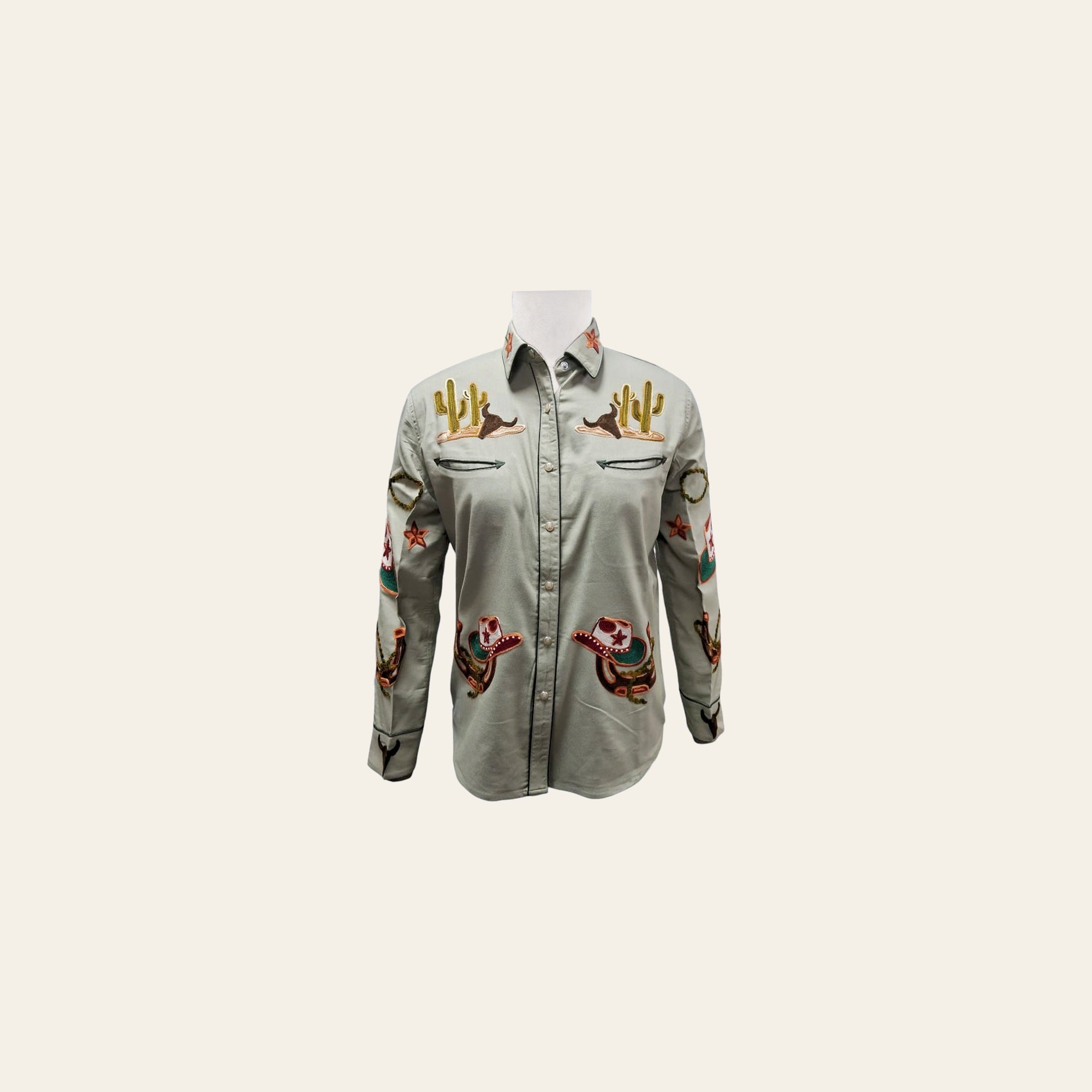 American Darling Western Apparel Shirt for Women Olive Green Cotton Lycra with Hand-Stitched Desert Cactus Embroidery