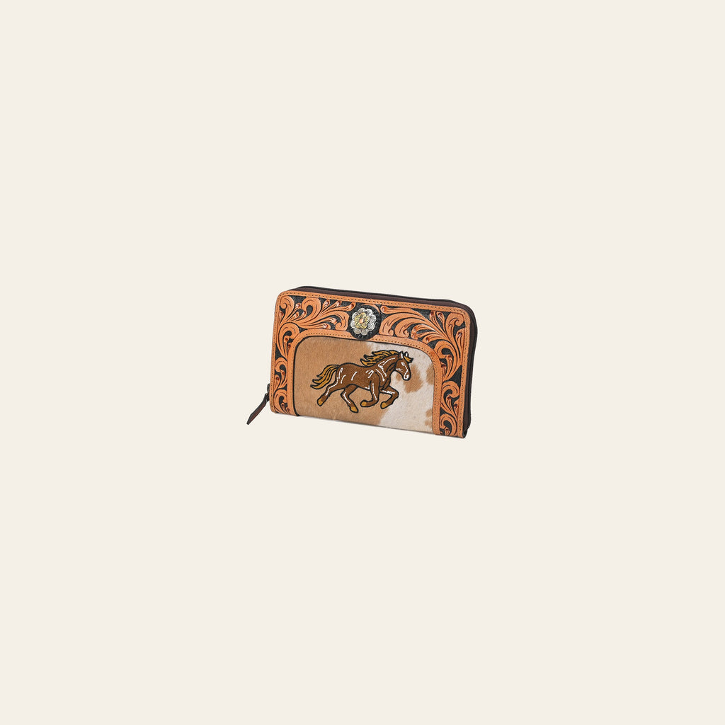 American Darling Western Cowhide Wallet – Hand Tooled Leather Clutch with Running Horse & Floral Concho