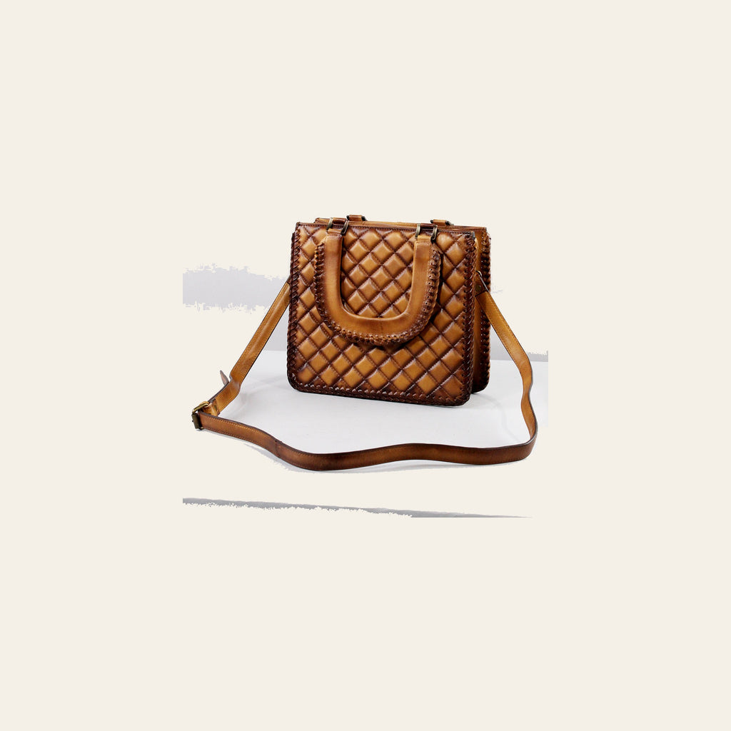American Darling Western Hand-Tooled Quilted Leather Crossbody Bag Burnished Tan