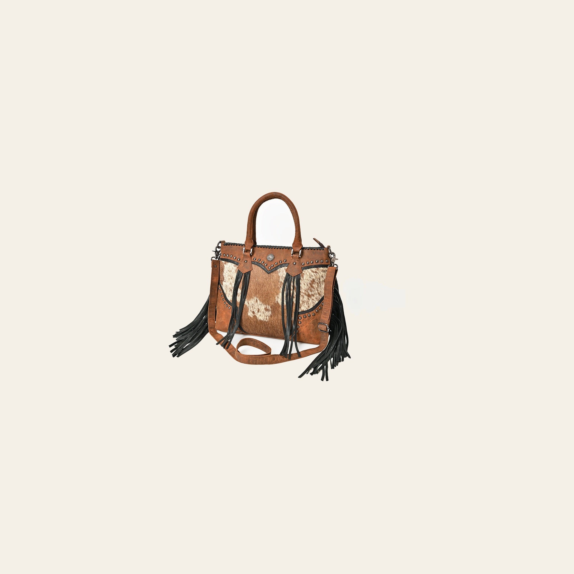 American Darling Tote Bag Western Hair-On Cowhide Genuine Leather Handbag with Fringes Rivets and Premium YKK Zipper