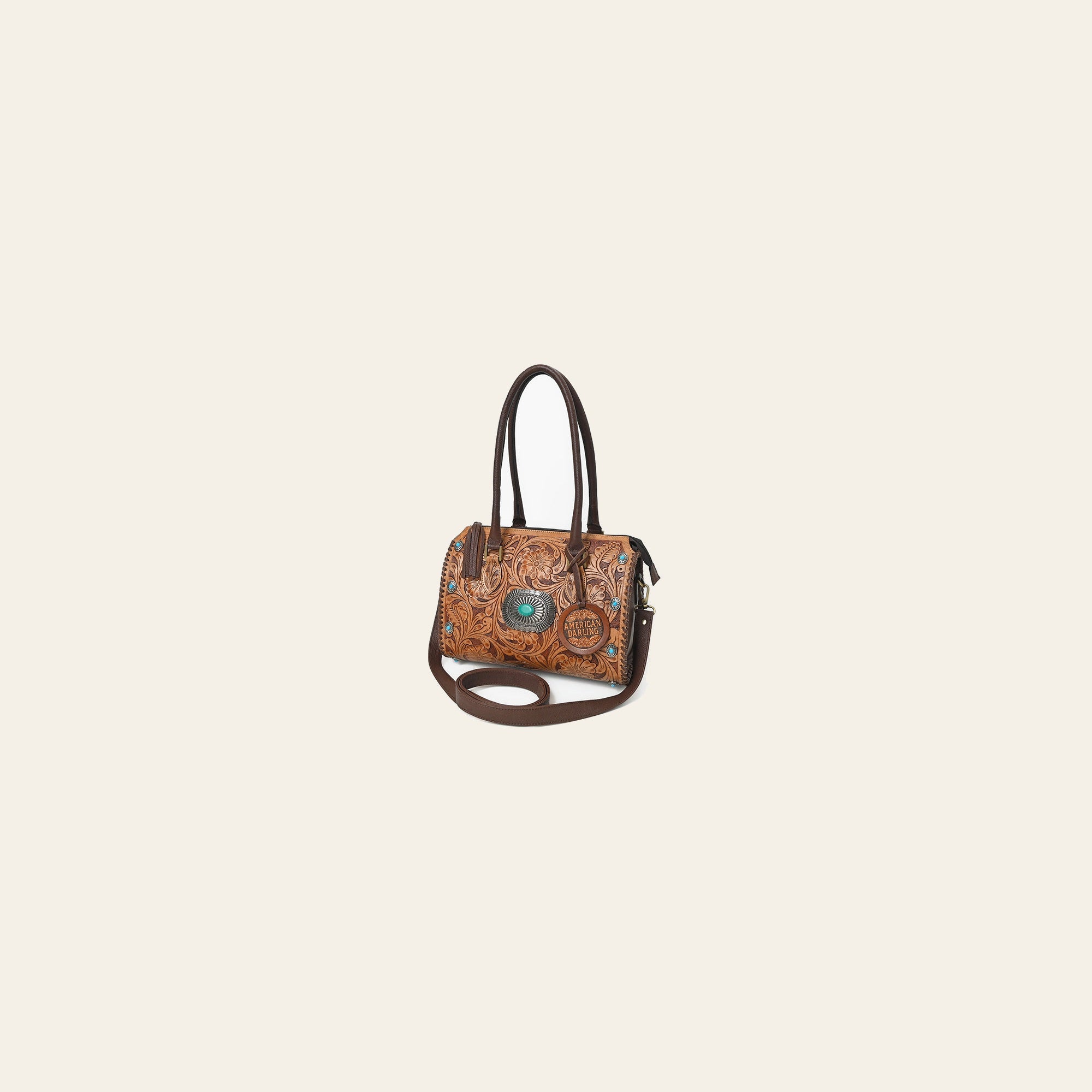 American Darling Western Tooled Leather Tote Bag with Turquoise Concho