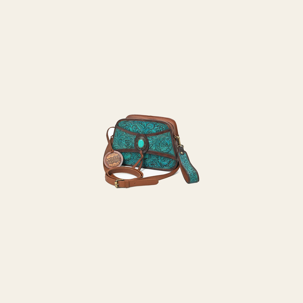 American Darling Western Turquoise Floral Tooled Leather Wristlet & Crossbody Bag with Concho