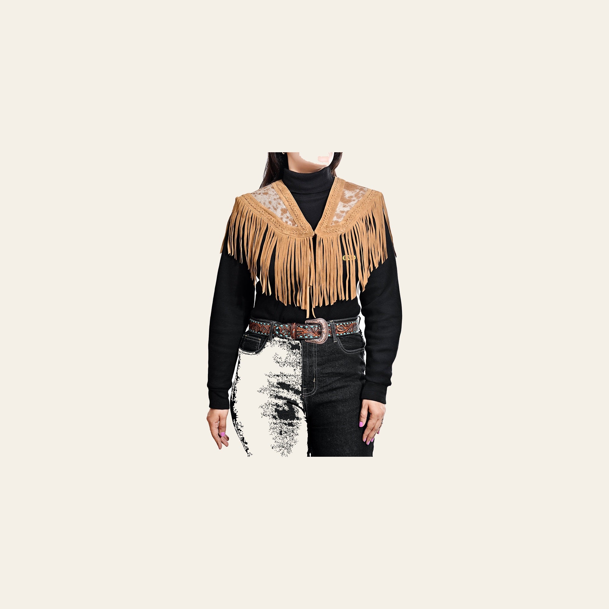 American Darling Western Apparel Hair On Genuine Leather Handcrafted Heritage Cape with Braided Accents and Fringes