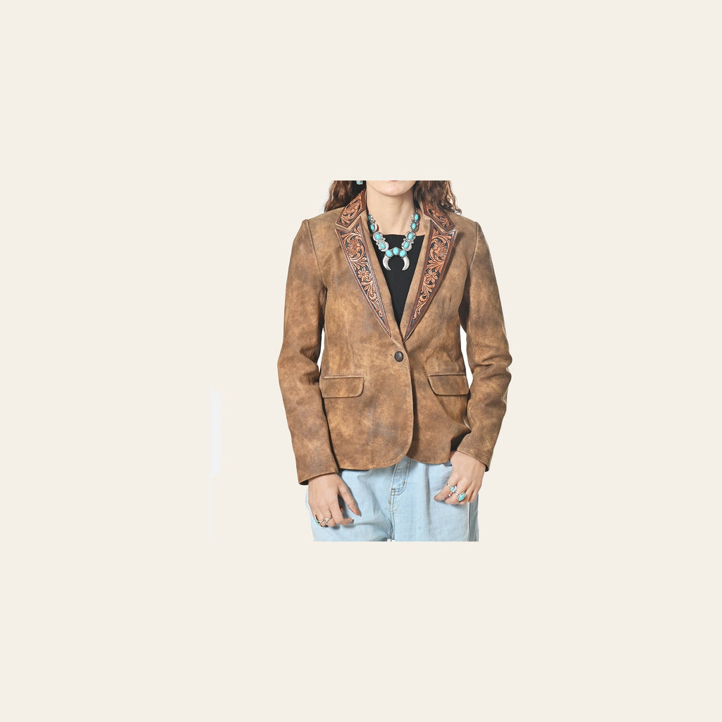 American Darling Women’s Premium Genuine Leather Blazer - Hand-Tooled Western Lapel Jacket, Vintage Brown Cowgirl Coat