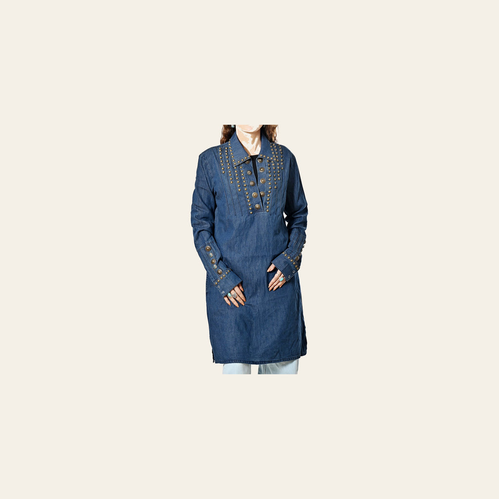 American Darling Women’s Vintage Denim Western Dress – Studded Tunic with Antique Rivets, Premium Cotton