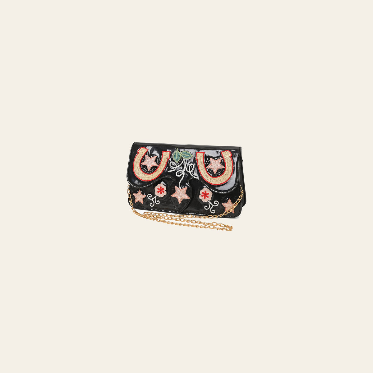 American Darling Women's Black Embroidered Western Horseshoe Chain Strap Clutch Crossbody Purse