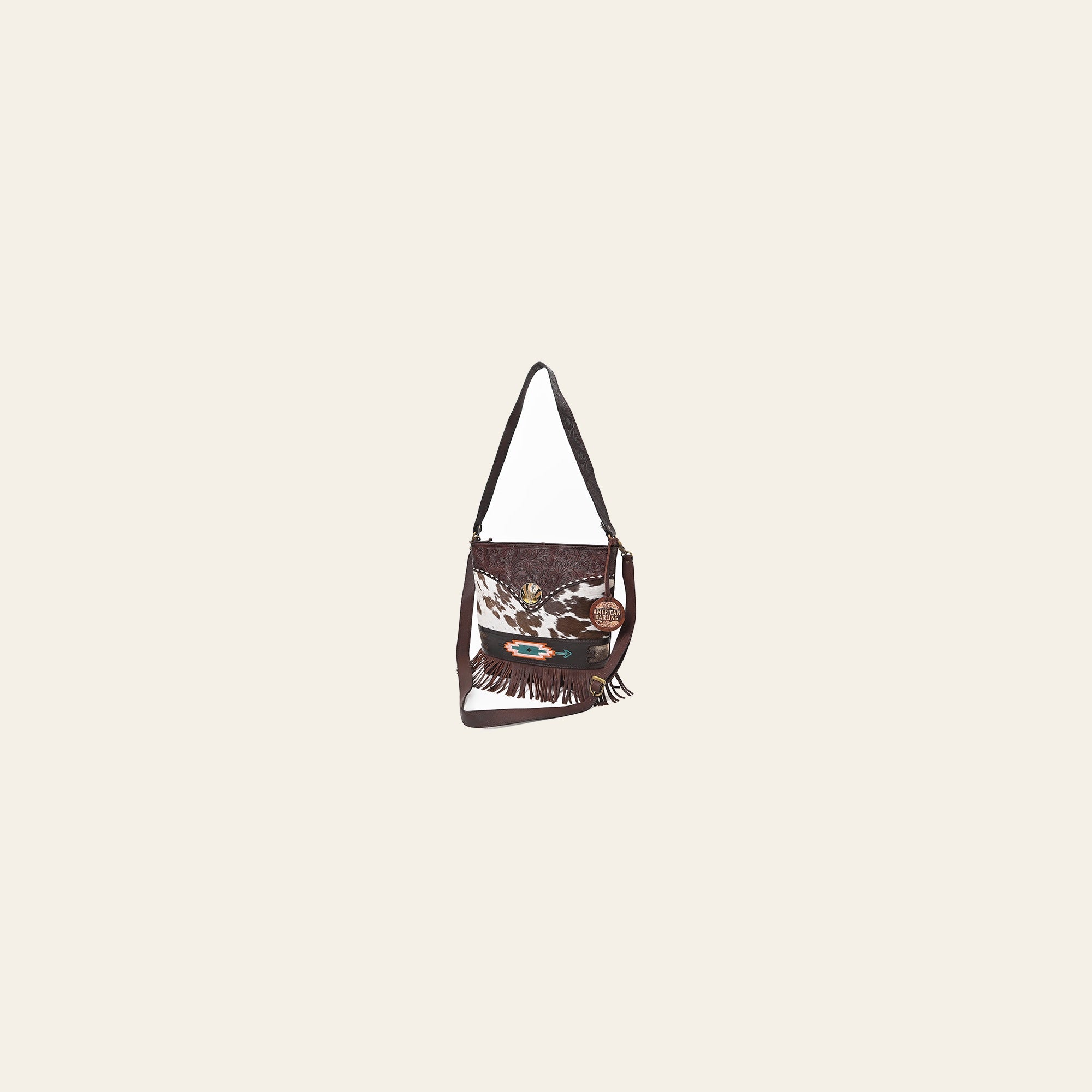 American Darling Women's Genuine Leather Hair-On Cowhide Fringe Crossbody