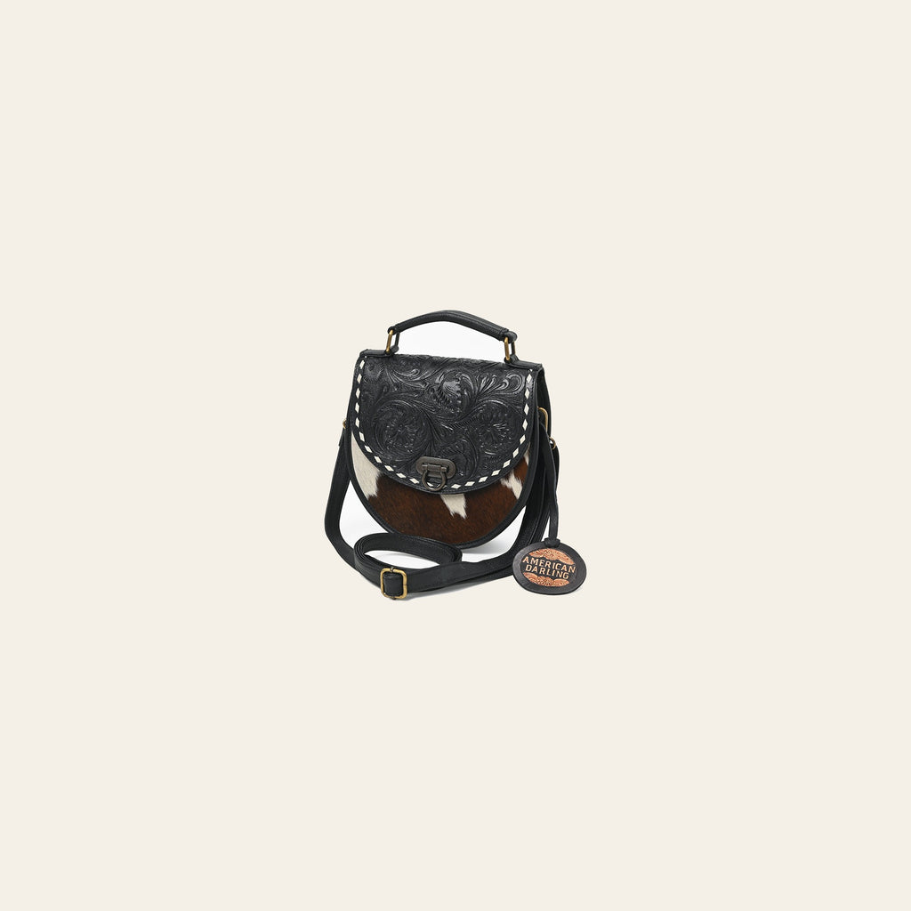 American Darling Women's Genuine Leather Hair-On Cowhide Tooled Leather Mini Crossbody