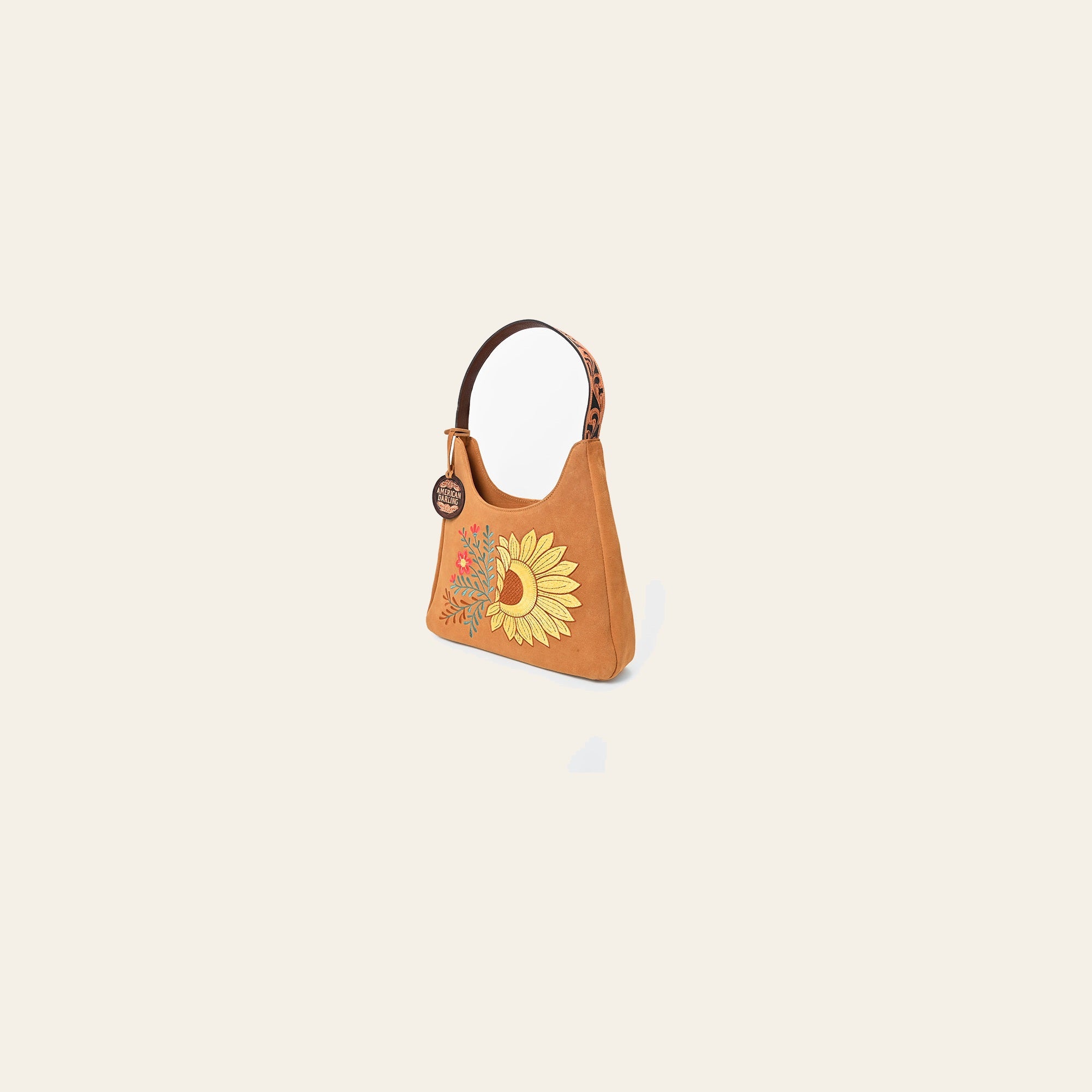 American Darling Women's Genuine Suede Leather Sunflower Embroidered Shoulder Hobo Handbag Tan Boutique Fashion Purse