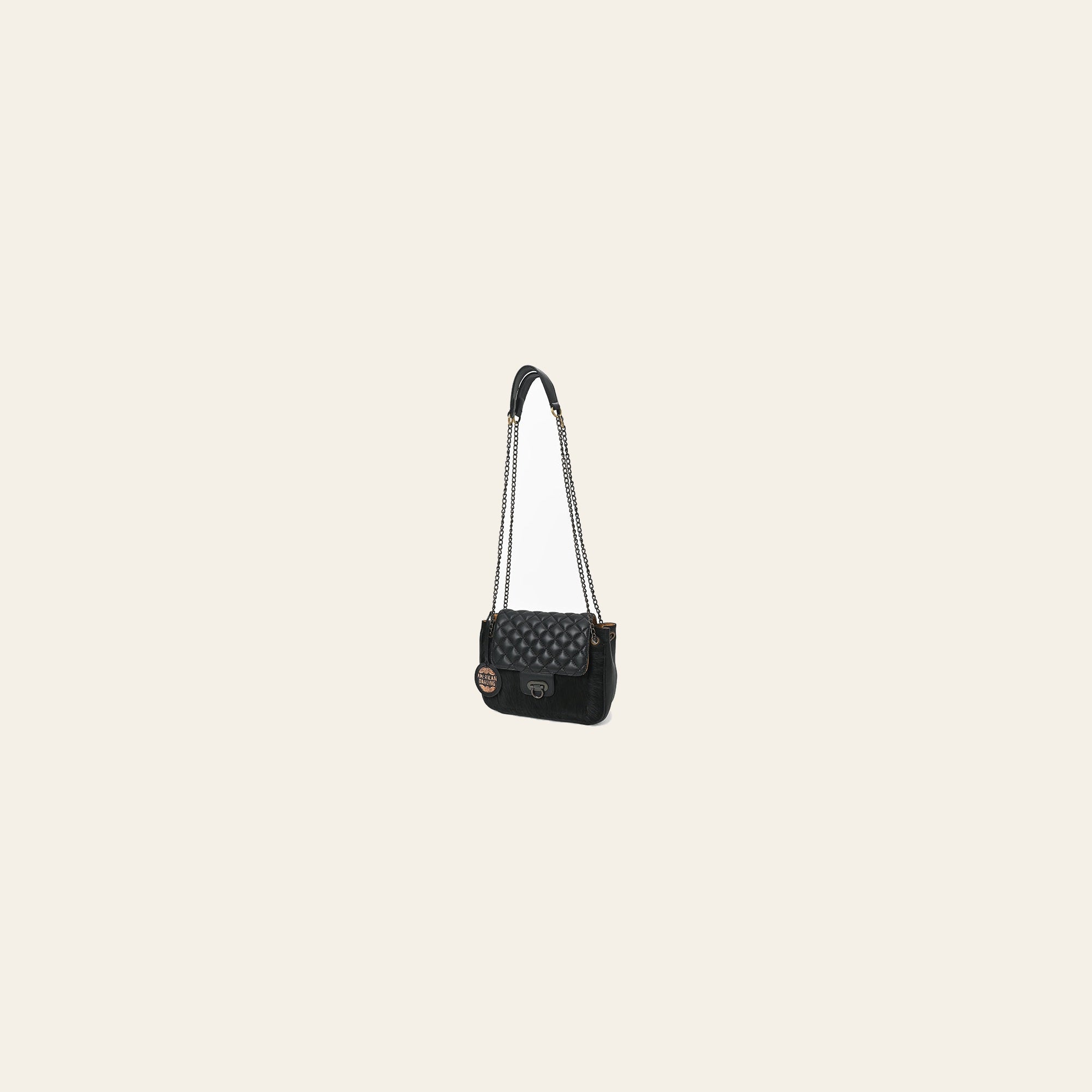American Darling Women's Premium Black Quilted Leather Hair-On CowhideCrossbody Shoulder Handbag