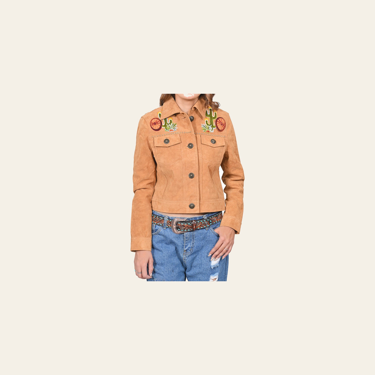 American Darling Women's Premium Tan Suede Leather Embroidered Cactus Western Jacket