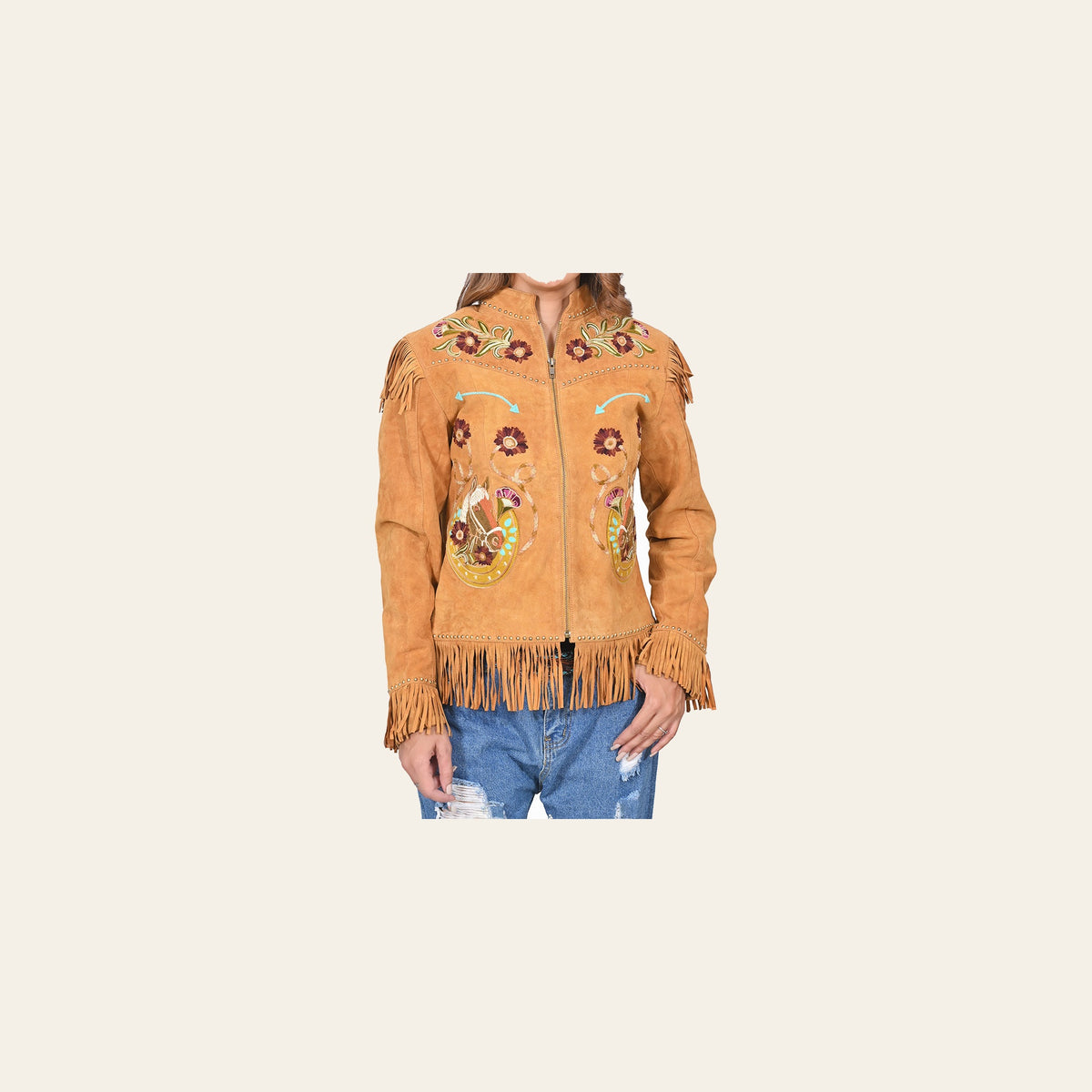 American Darling Women's Premium Tan Suede Leather Embroidered Horse Western Fringe Jacket