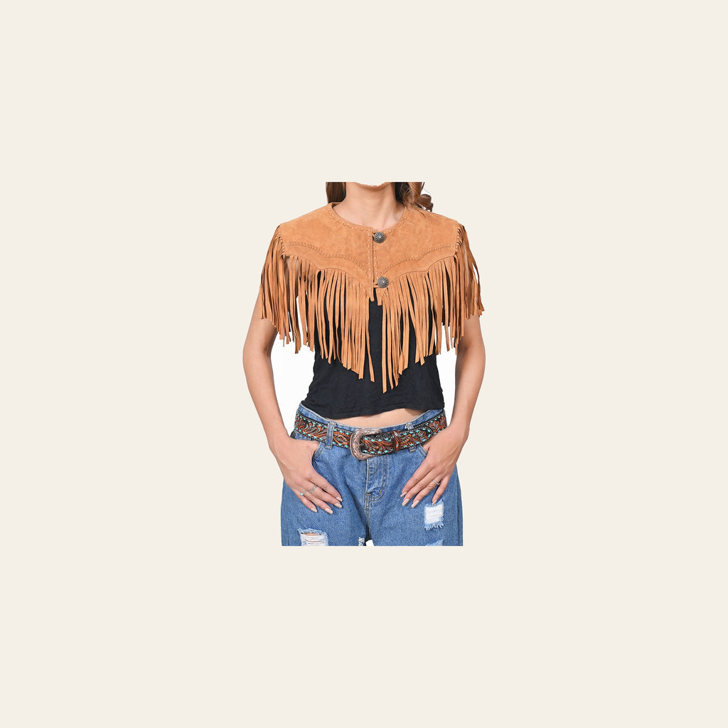 American Darling Women's Premium Tan Suede Leather Fringe Cape Western Vest Fashion Gift Travel