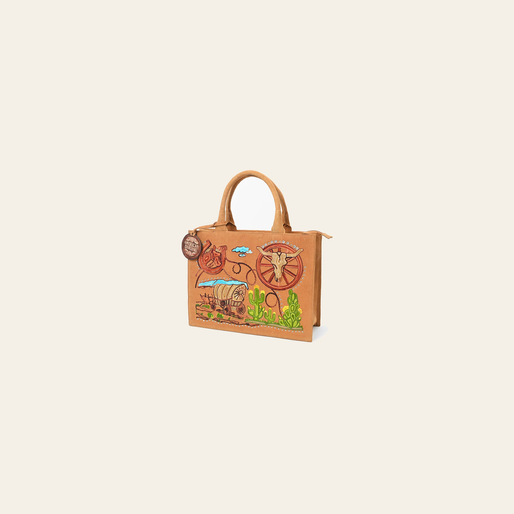 American Darling Women's Tan Western Embroidered Suede Tote Bag with Covered Wagon Desert Artwork Boutique Handbag