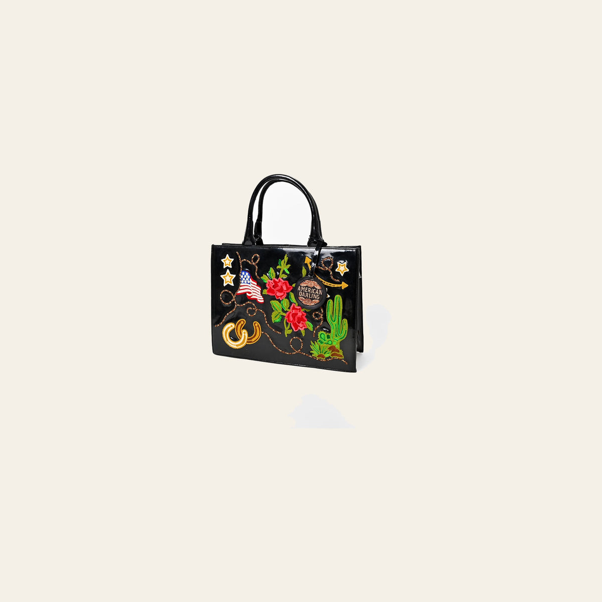 American Darling Women's Western Patent Leather Tote Handbag, Embroidered Floral Cactus Horseshoe USA Flag Purse