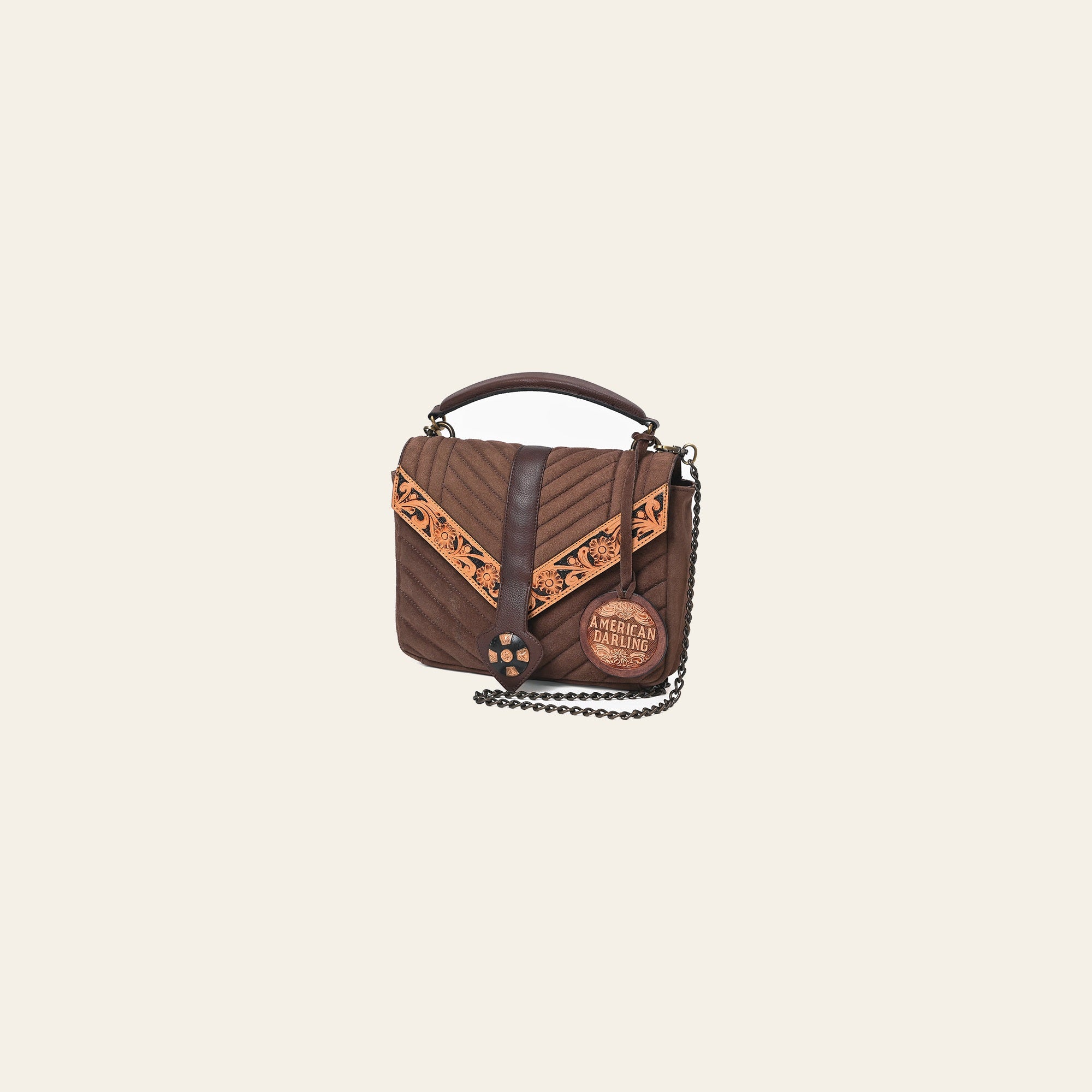 American Darling Women's Western Quilted Suede Crossbody Purse with Tooled Leather Trim, Chain Strap, Top Handle