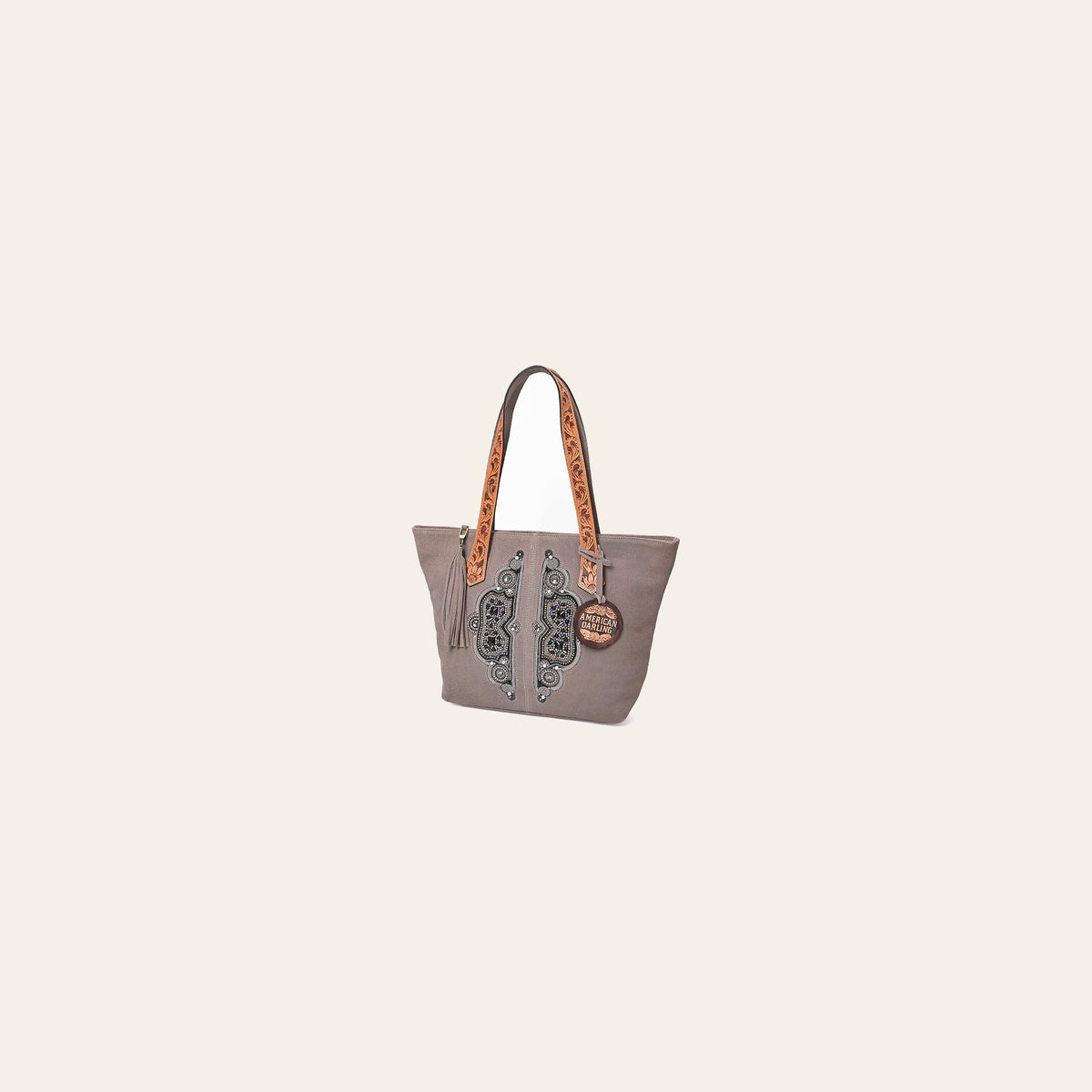 American Darling Women's Western Suede Tote Bag with Hand Tooled Leather Shoulder Straps, Embellished Front Panel, Tassel Accent